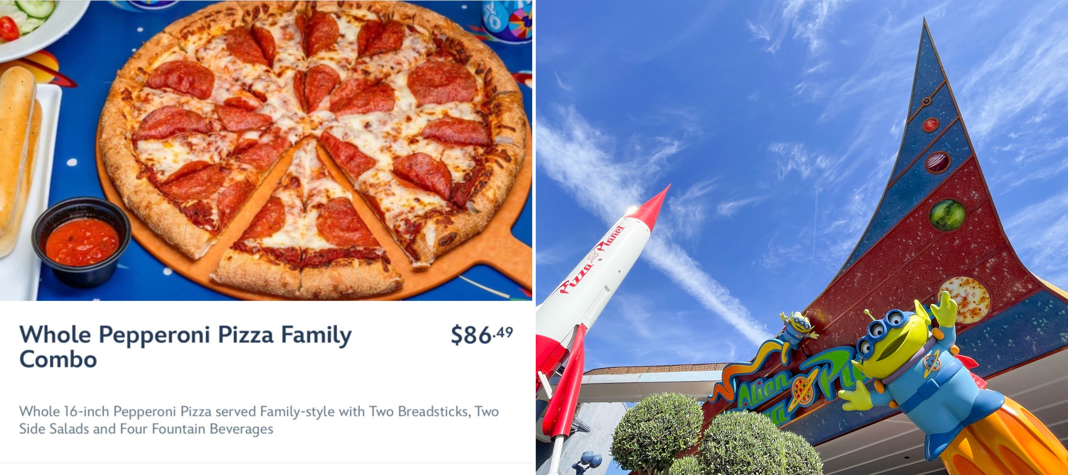 Alien Pizza Planet, a Toy-Story themed Pizza restaurant at Disneyland, offers an $86 pizza meal for families.