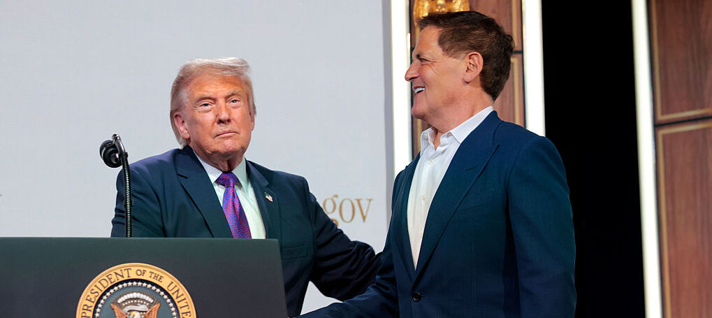 .S. President Donald Trump greets Entrepreneur and Cost Plus Drug Company (MCCPDC) Co-Founder Mark Cuban in the Eisenhower Executive Office Building on May 18, 2026 in Washington, DC.
