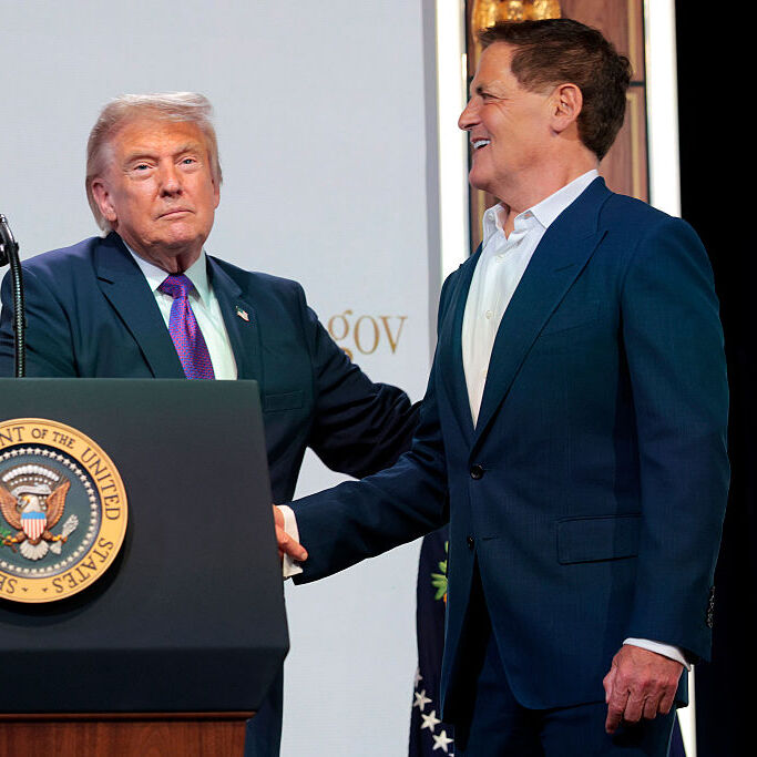 .S. President Donald Trump greets Entrepreneur and Cost Plus Drug Company (MCCPDC) Co-Founder Mark Cuban in the Eisenhower Executive Office Building on May 18, 2026 in Washington, DC.