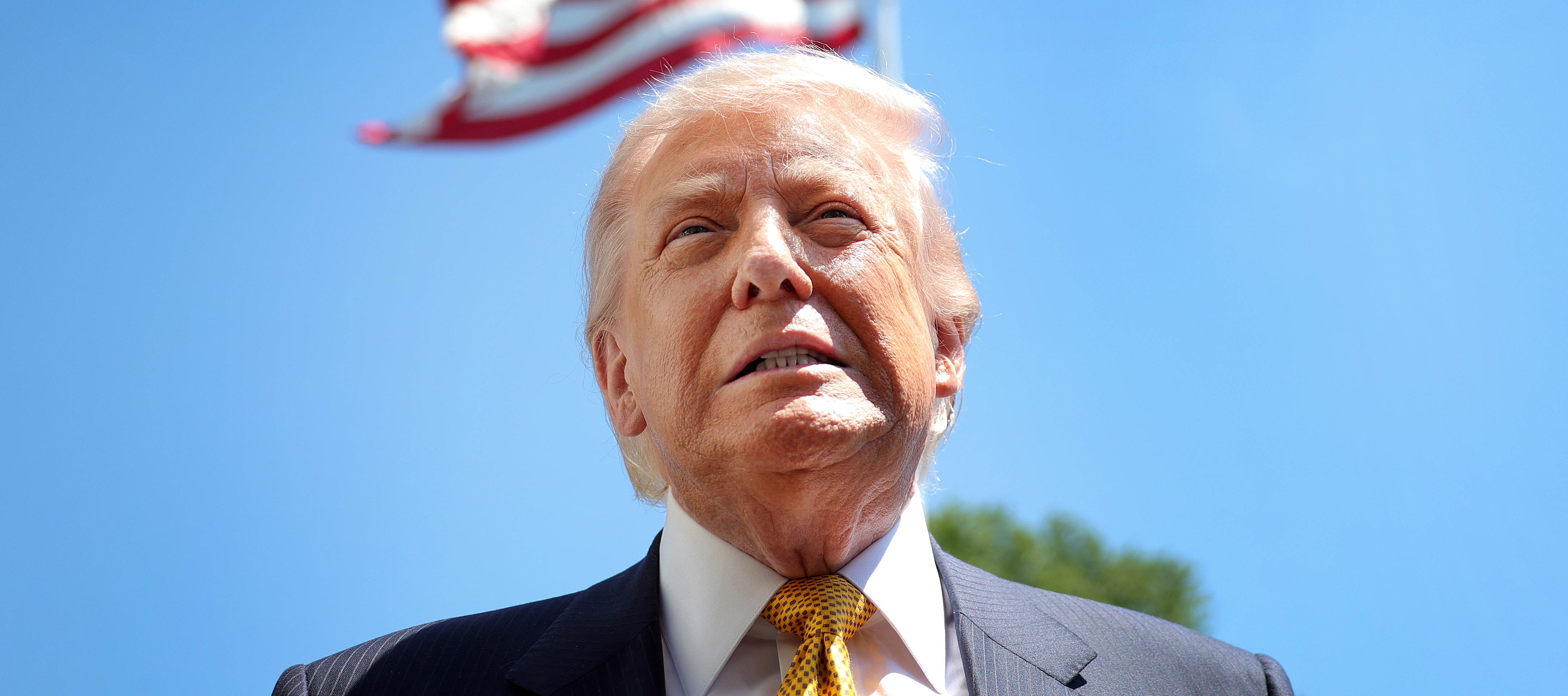 President Donald Trump smiles with the U.S. flag flying high behind him.