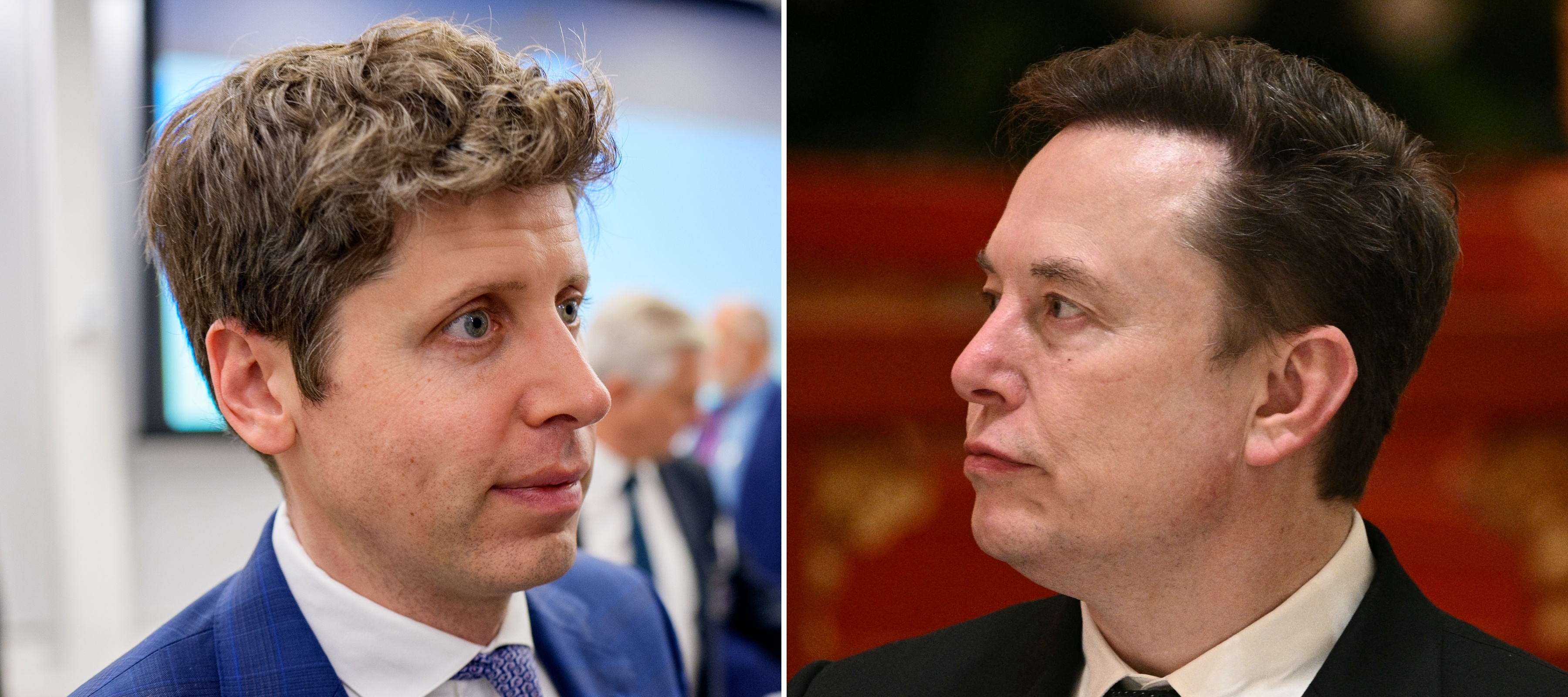 A side-by-side photo of Sam Altman, left, and Elon Musk, rivals in the AI space