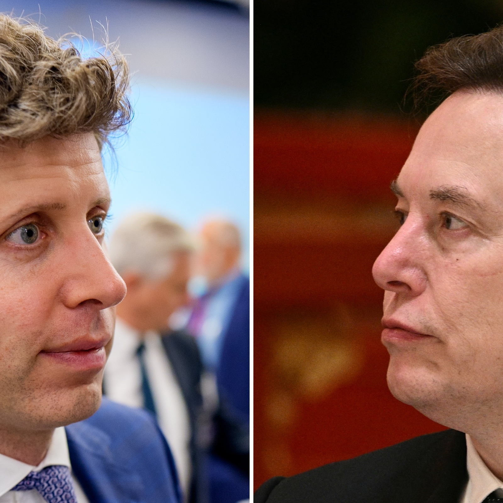 A side-by-side photo of Sam Altman, left, and Elon Musk, rivals in the AI space