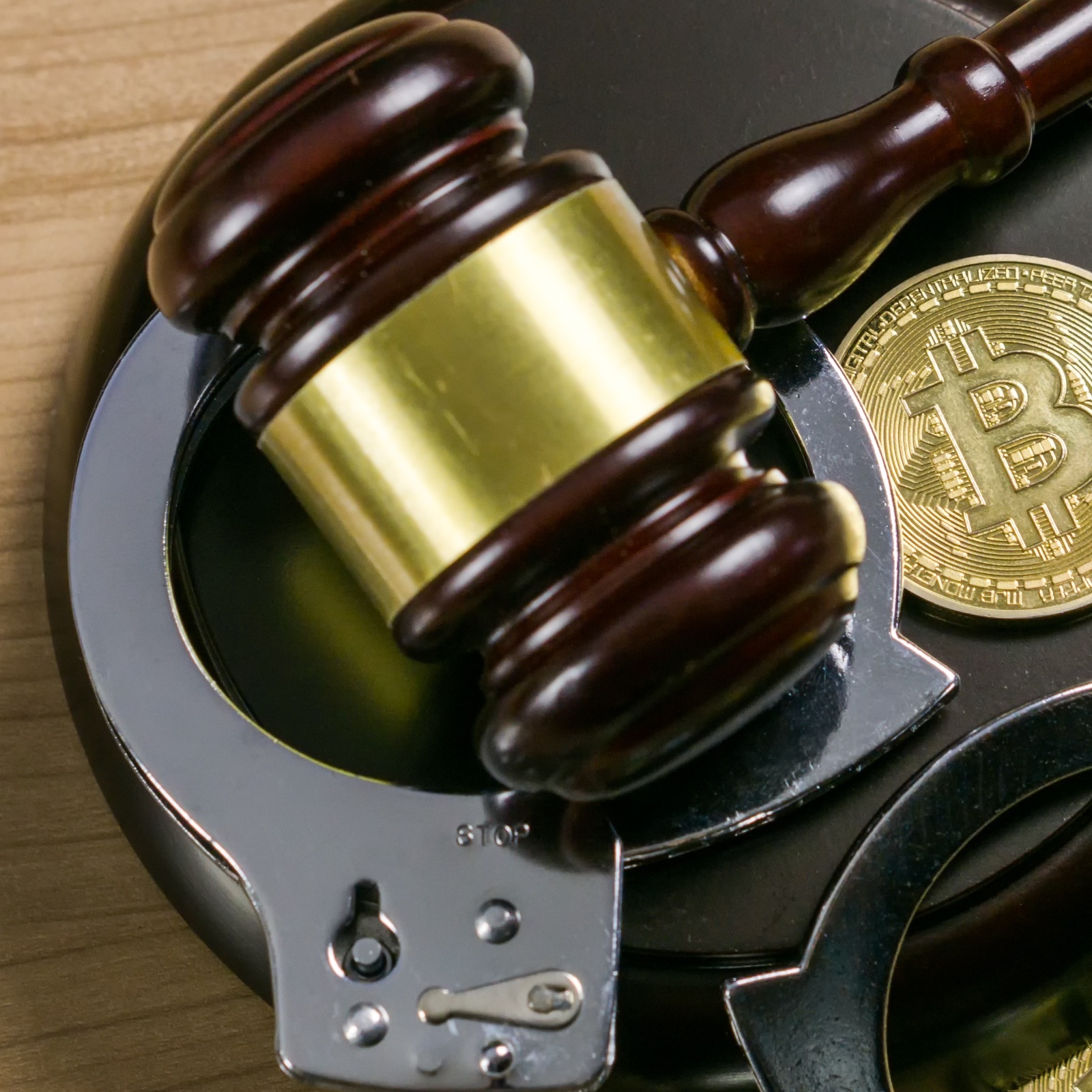 A judge's gavel pictured with handcuffs and gold coins strewn about