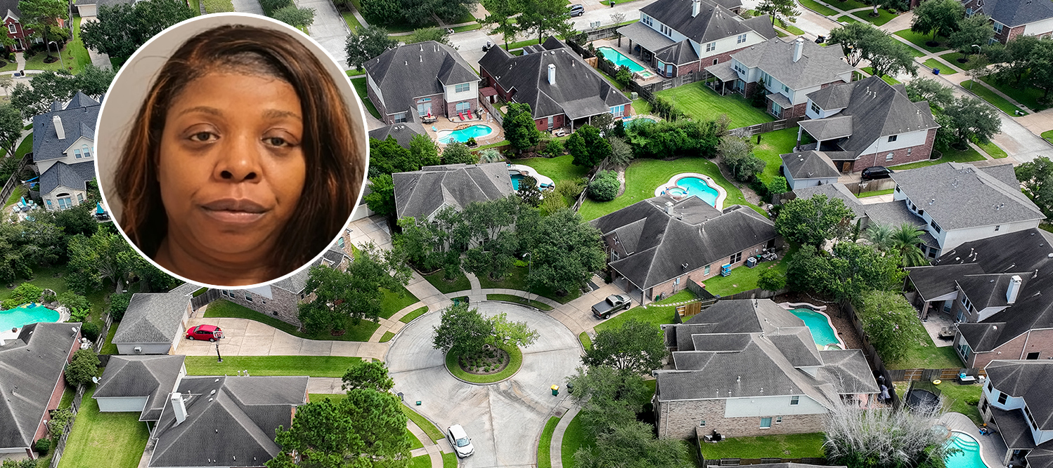 A photo of suspect Shiesha Sparrow is inset on a suburban Texas neighborhood.