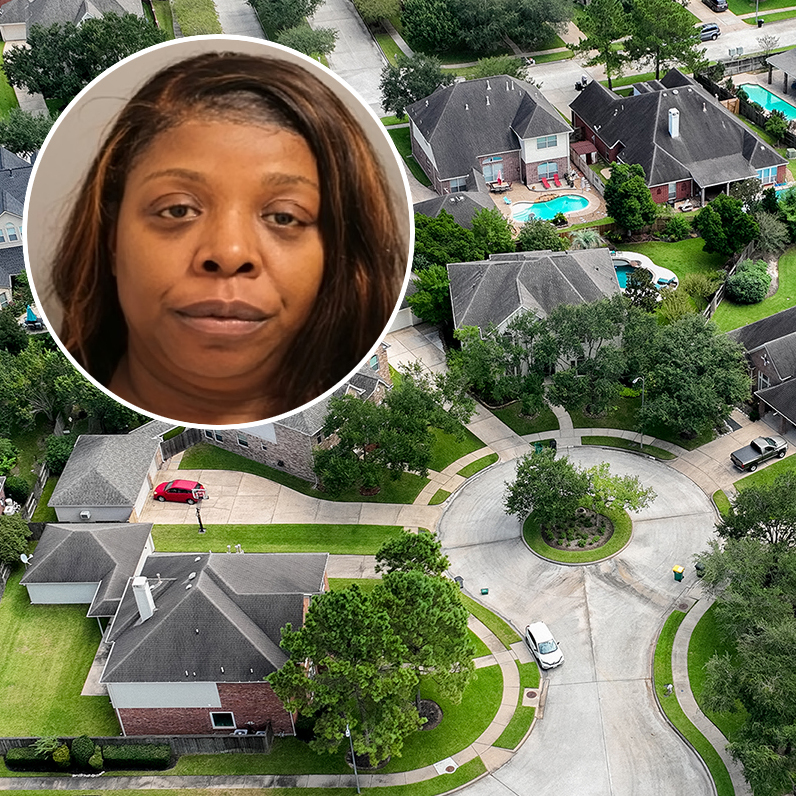 A photo of suspect Shiesha Sparrow is inset on a suburban Texas neighborhood.