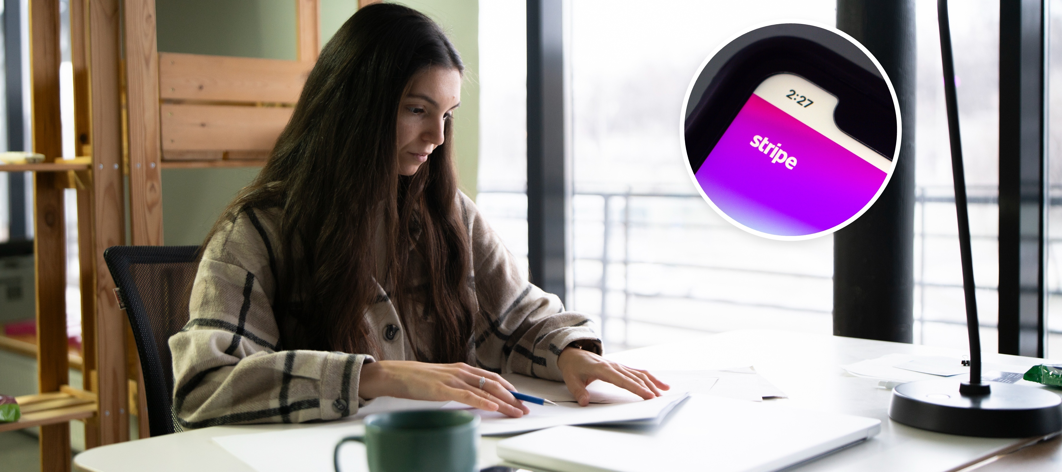 L: Young woman working at laptop, R: Stripe Financial Services app displayed on phone screen