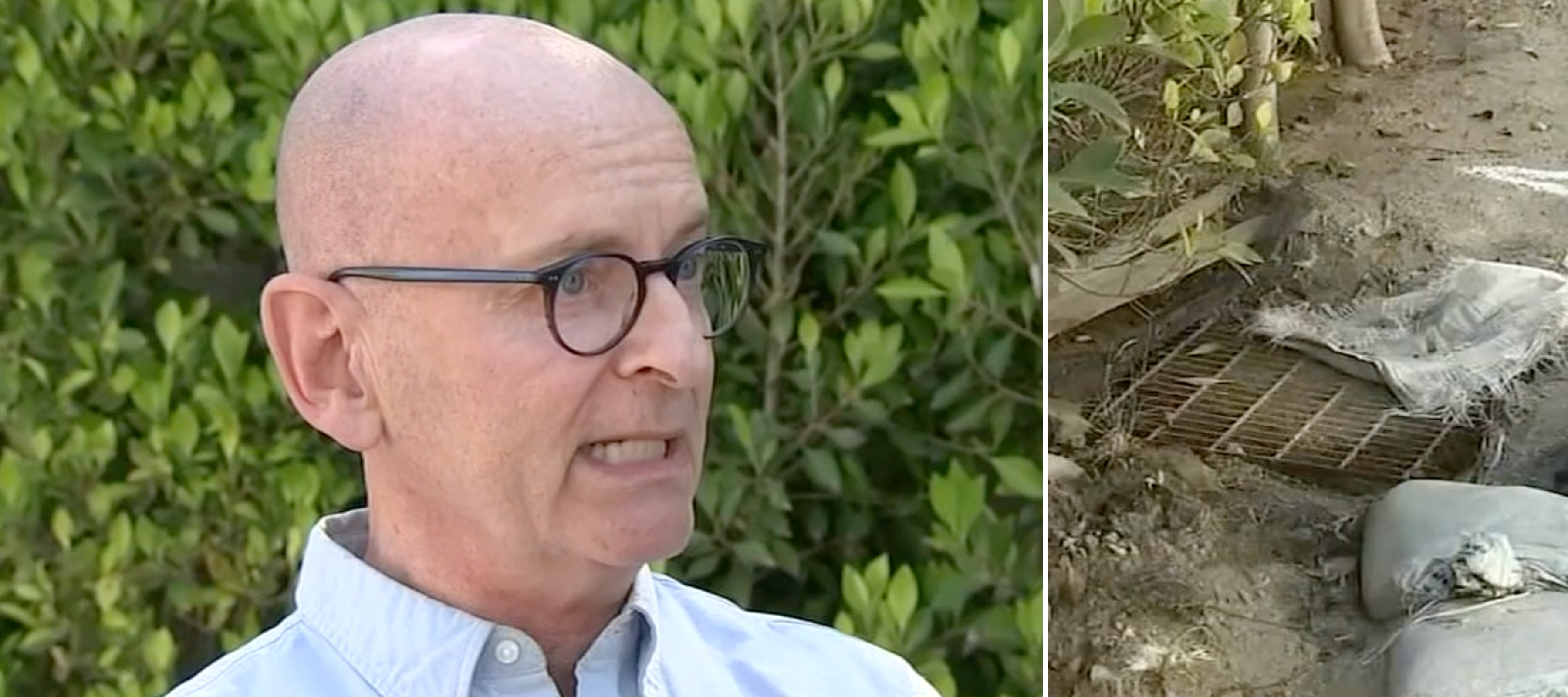 A side by side image of Hollywood Hills homeowner Brian Bolain talking about the drain in front of his home that he learned he is responsible for alongside an image of the drain.