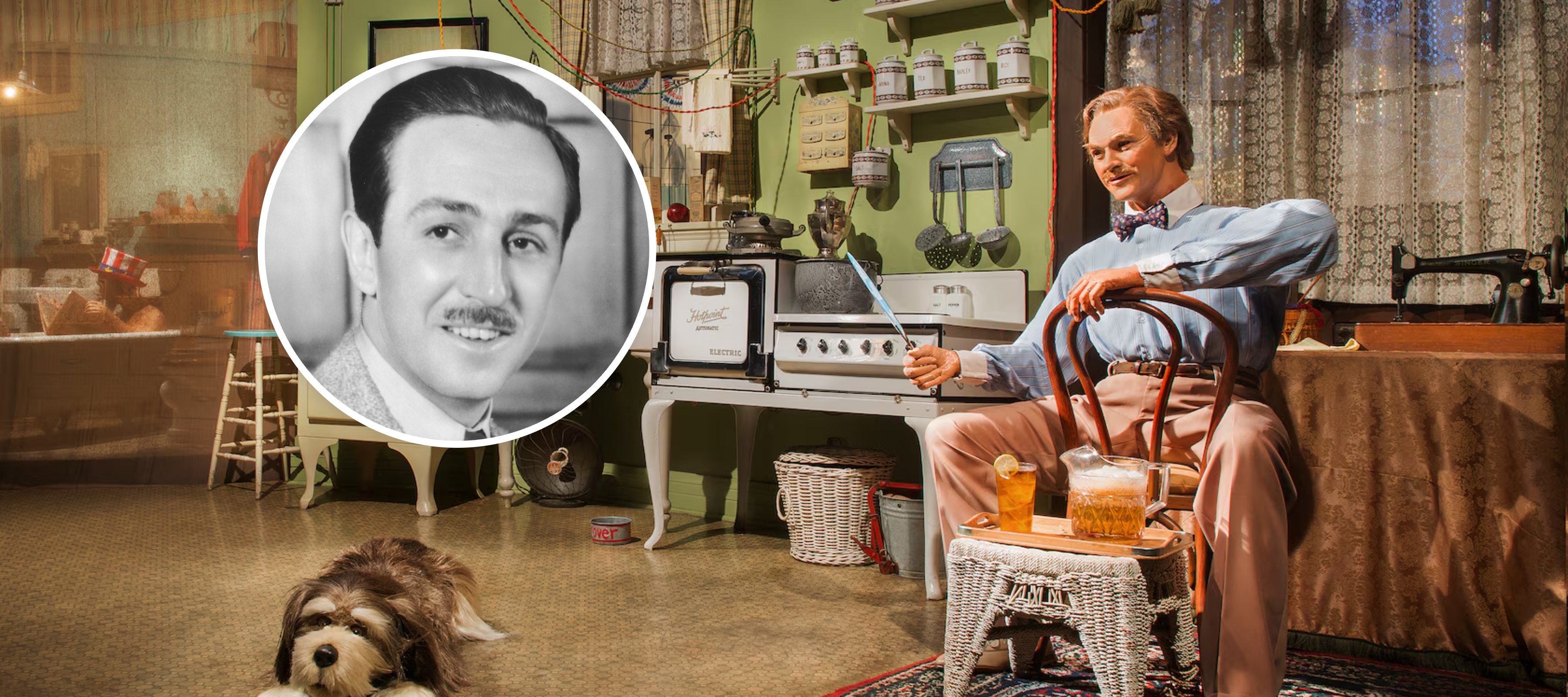 A photo from the Disney ride Carousel of Progress, with a bubble inlay of Walt Disney's face