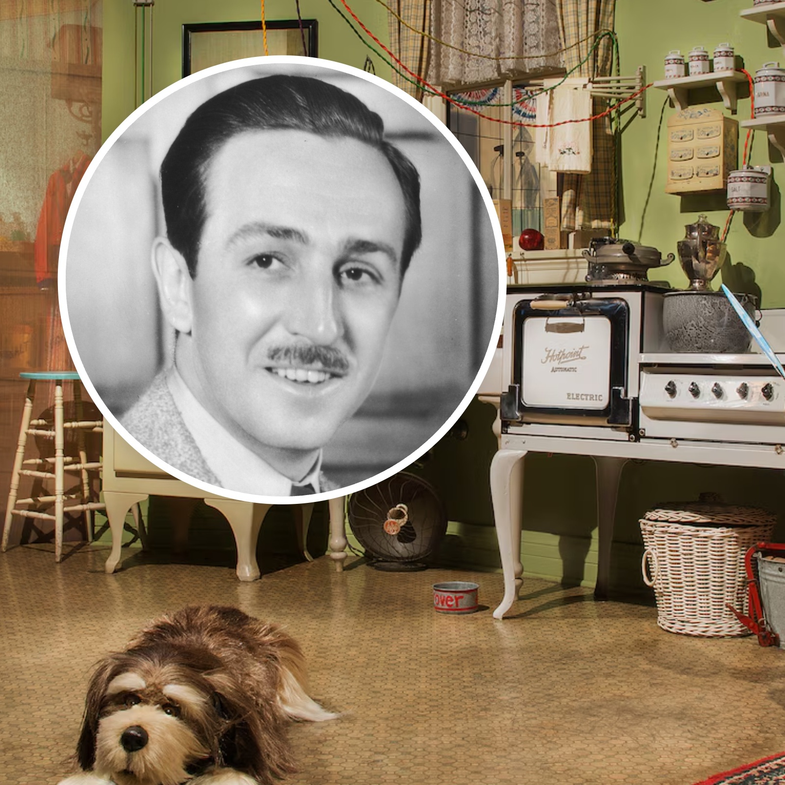 A photo from the Disney ride Carousel of Progress, with a bubble inlay of Walt Disney's face