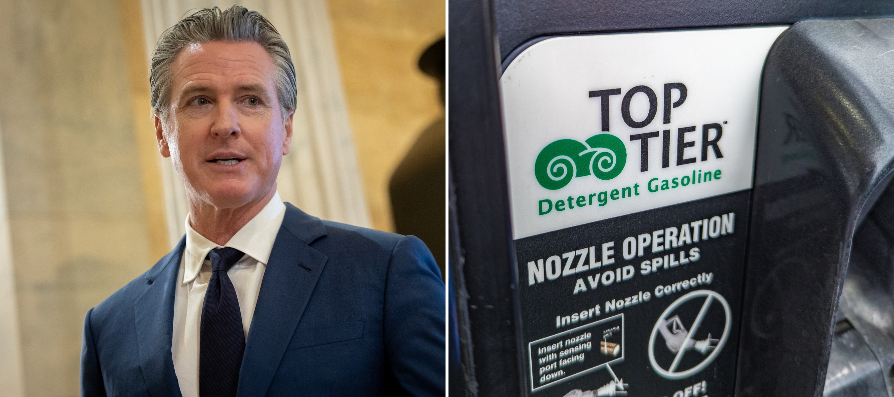 L: Gavin Newsom, R: TOP TIER gasoline label at gas pump