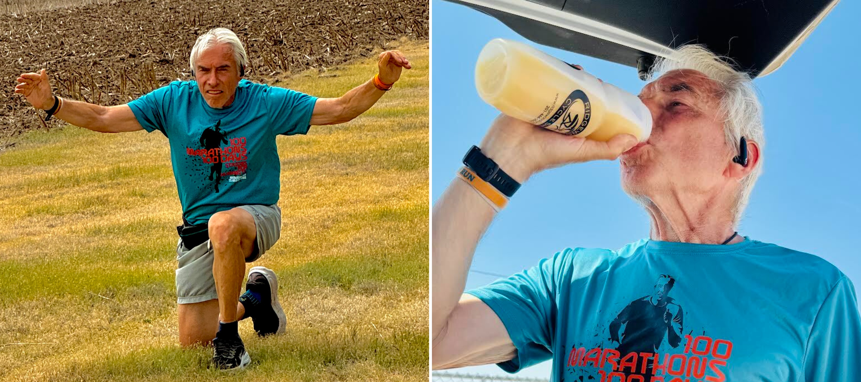 A composite photo showing Larry Grogin stretching and hydrating