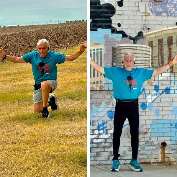 A composite photo of Larry Grogin stretching and hydrating