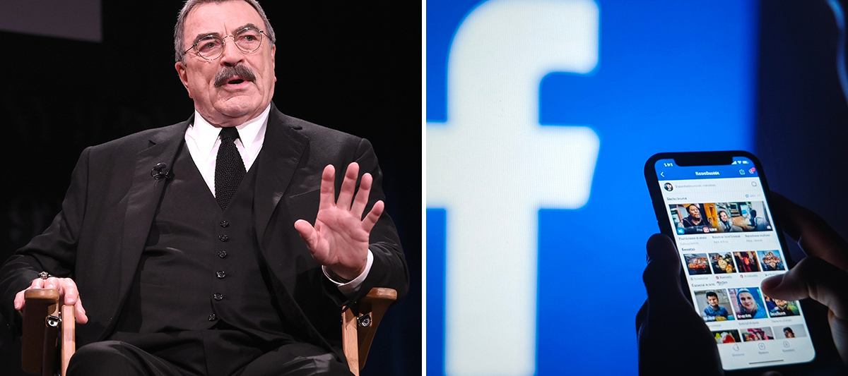 The first column is actor Tom Selleck address a crowd during the launch of his autobiography. The second column is a Facebook mobile user.