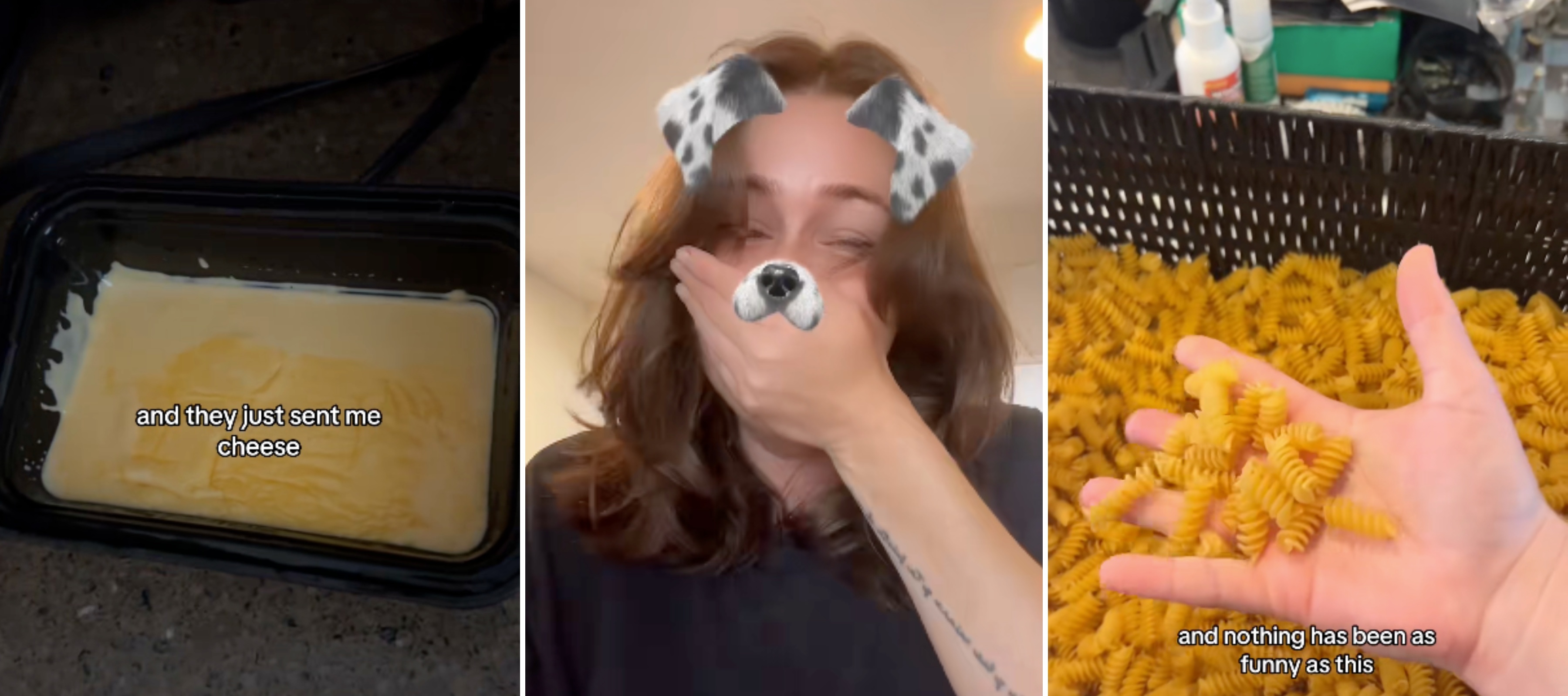 Garage Gremlin expressing shock at a bucket of cheese, no noodles, and later a basket full of noodles.