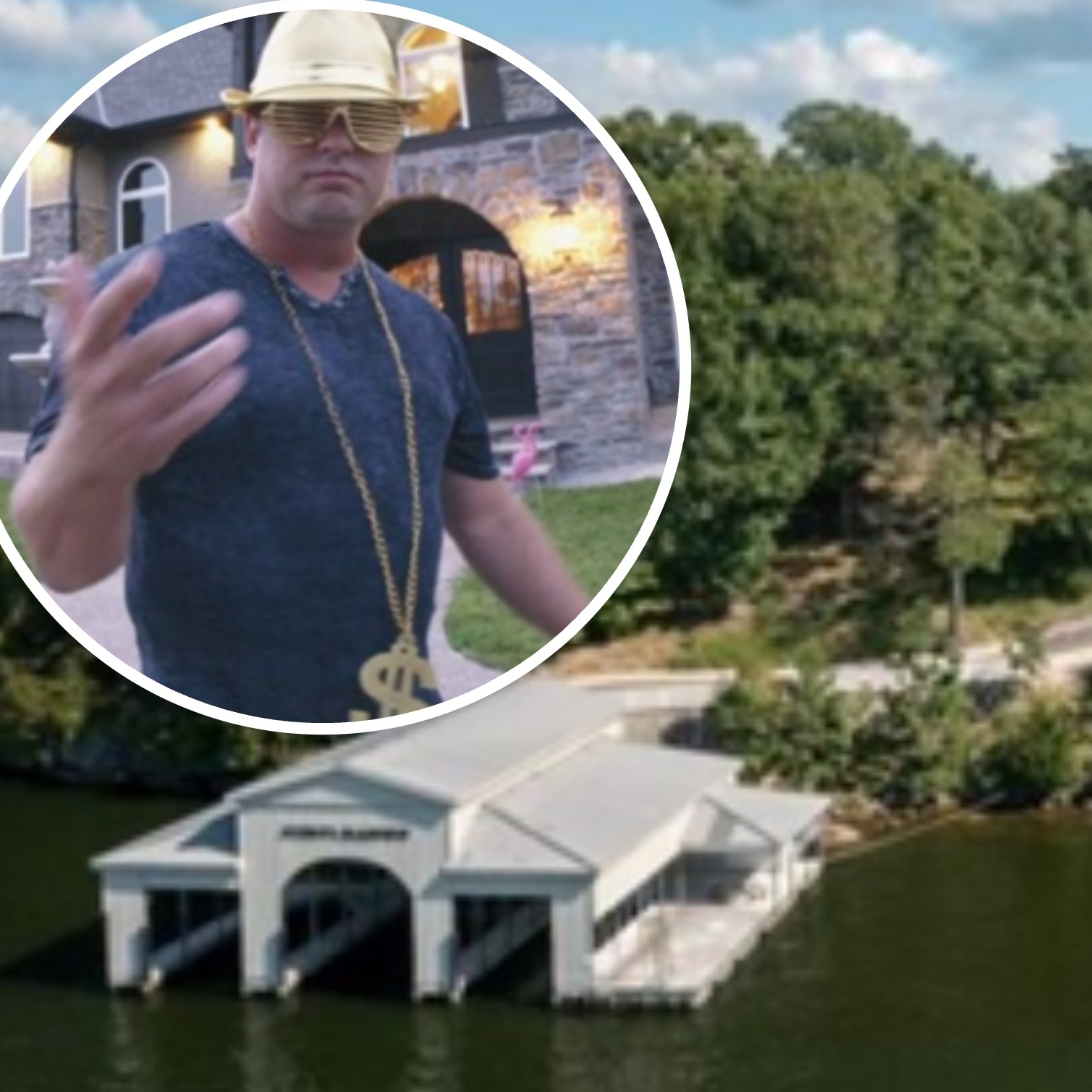 L: Brett Blackman wearing gold dollar sign necklace, R: Brett Blackman's mansion featured in his music video