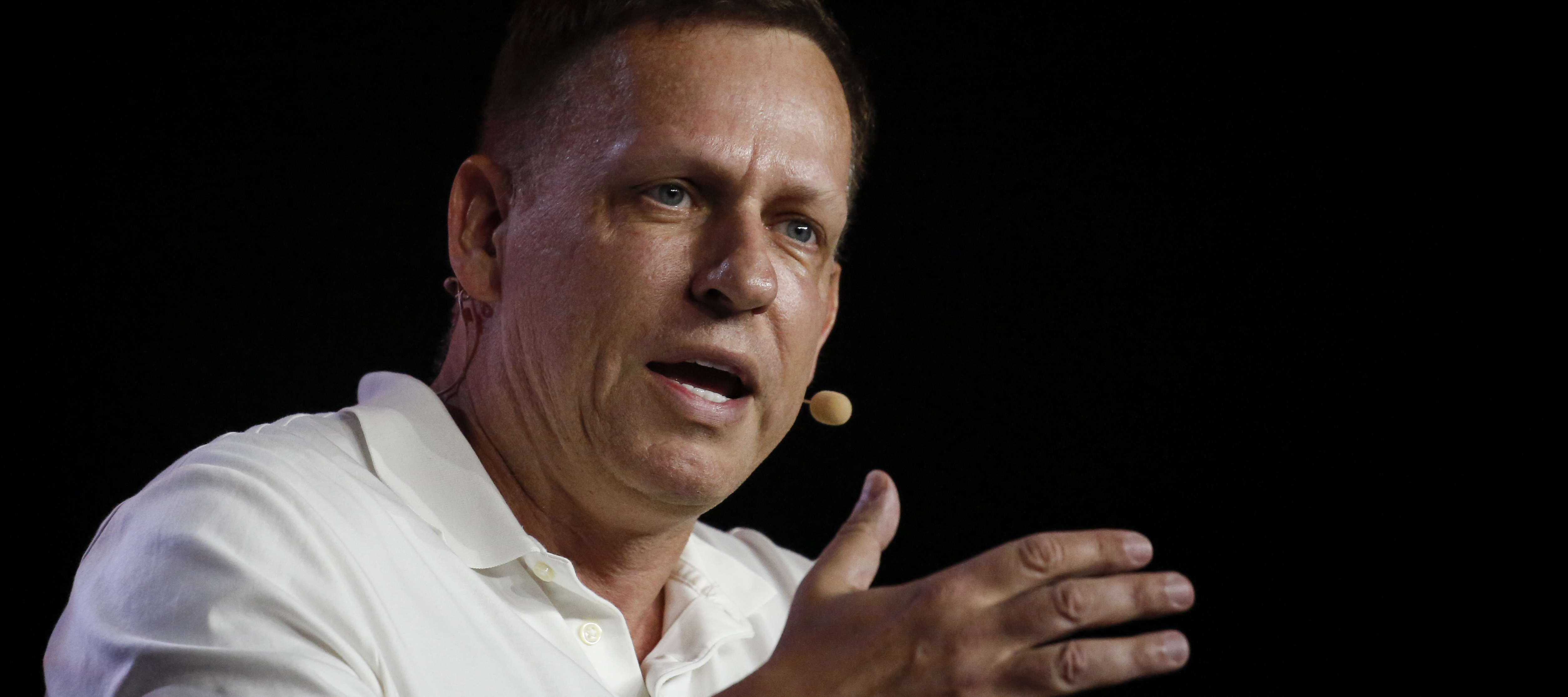 Peter Thiel, co-founder of PayPal, Palantir Technologies and Founders Fund, gestures as he speaks during a Bitcoin Conference at Miami Beach Convention Center.