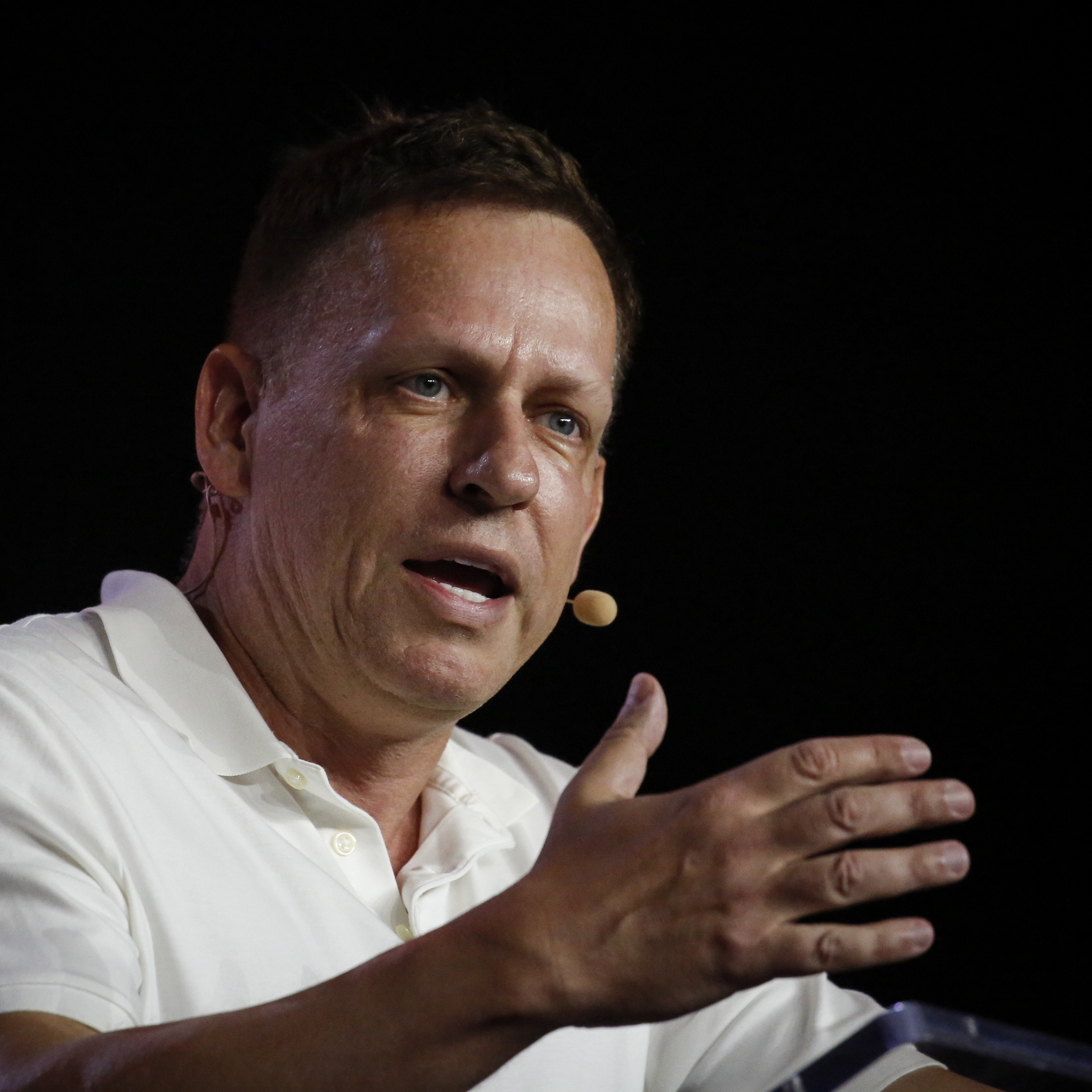 Peter Thiel, co-founder of PayPal, Palantir Technologies and Founders Fund, gestures as he speaks during a Bitcoin Conference at Miami Beach Convention Center.
