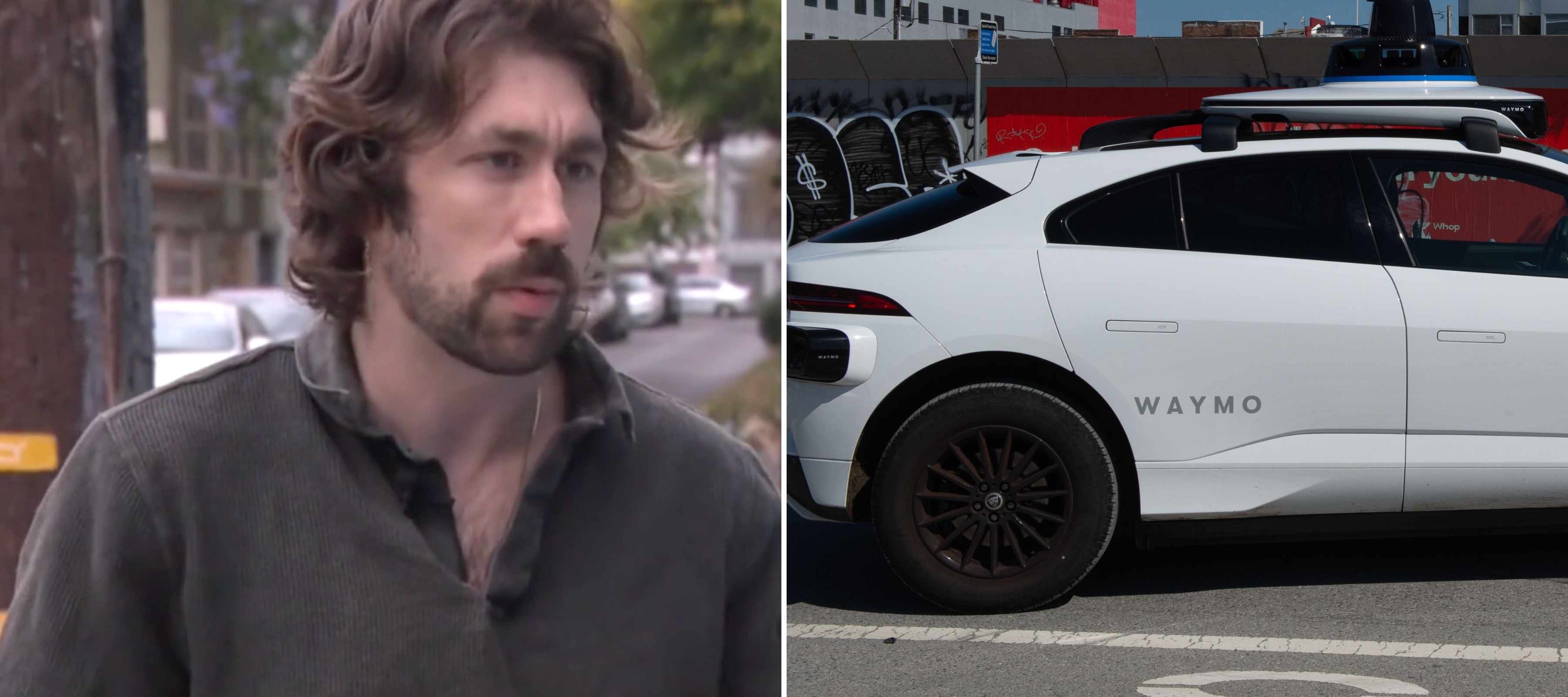 L: Elliot Slade speaks to CBS News, R: Waymo robotaxi