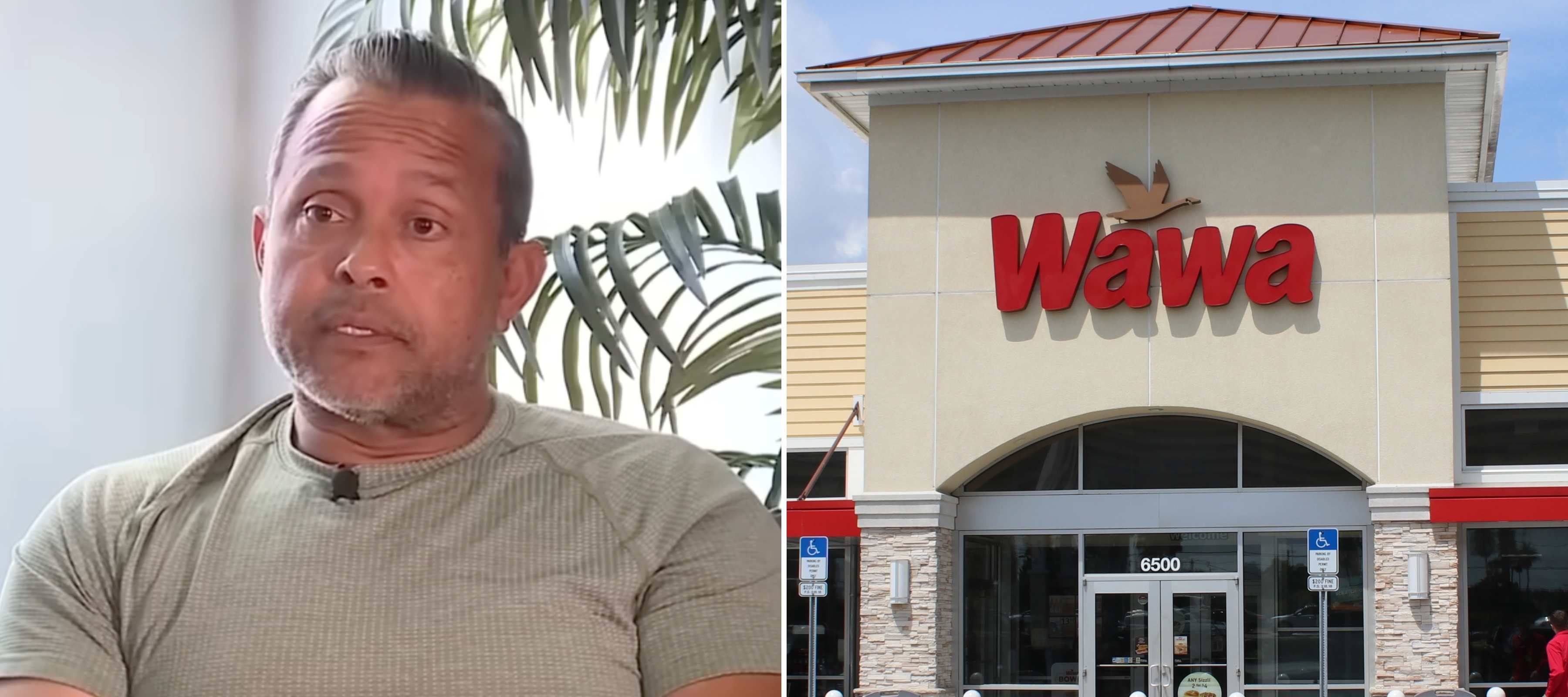 L: Luis Salazar speaks to WPBF News, R: Exterior of Wawa store