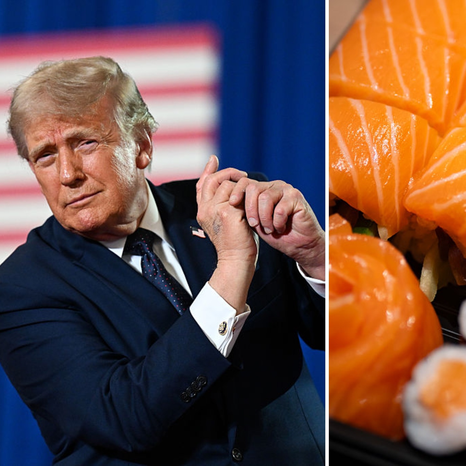 Photos of President Donald Trump and a platter of sushi