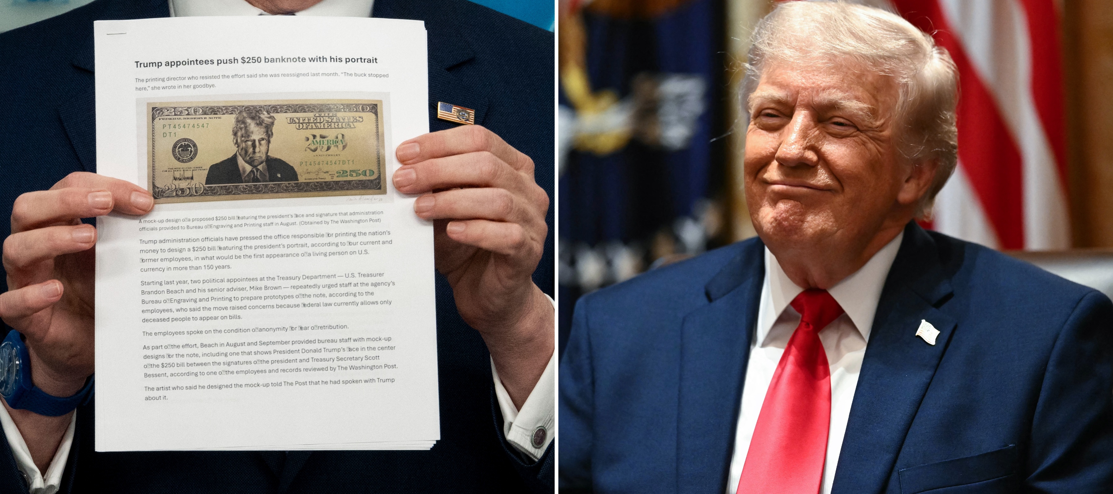 A mockup of President Trump's $250 bill, with Trump smiling in approval.
