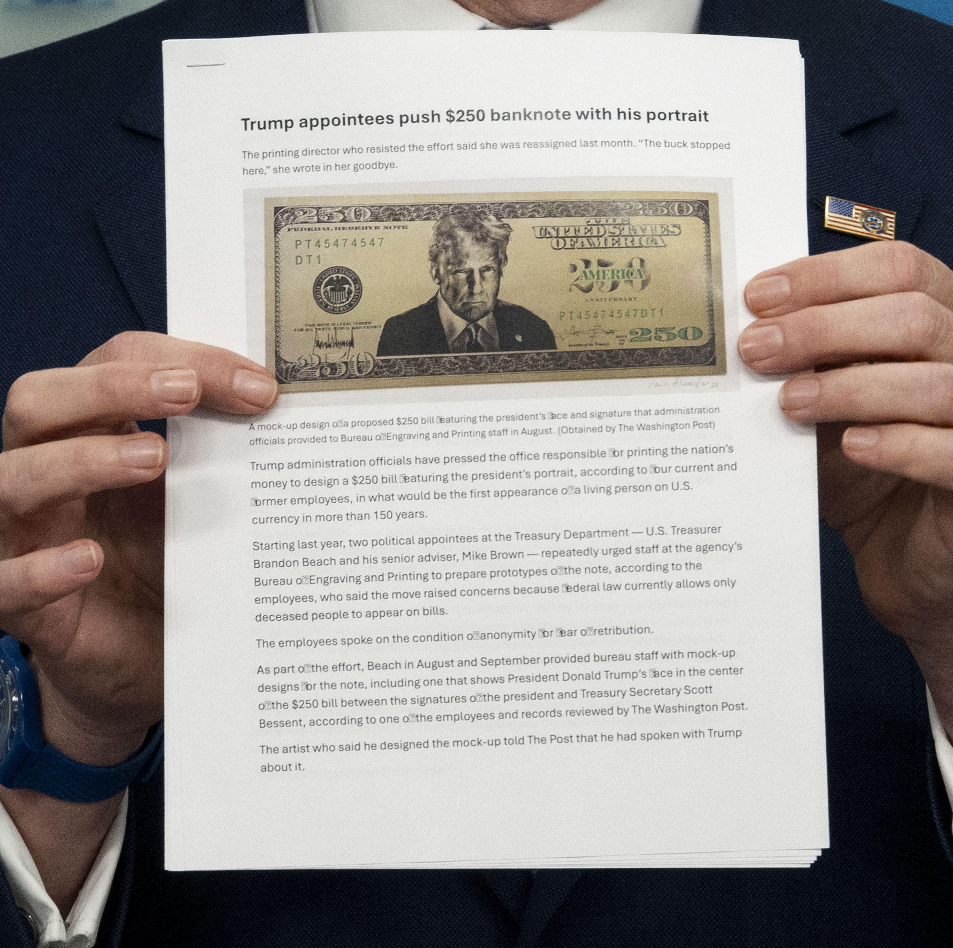 A mockup of President Trump's $250 bill, with Trump smiling in approval.