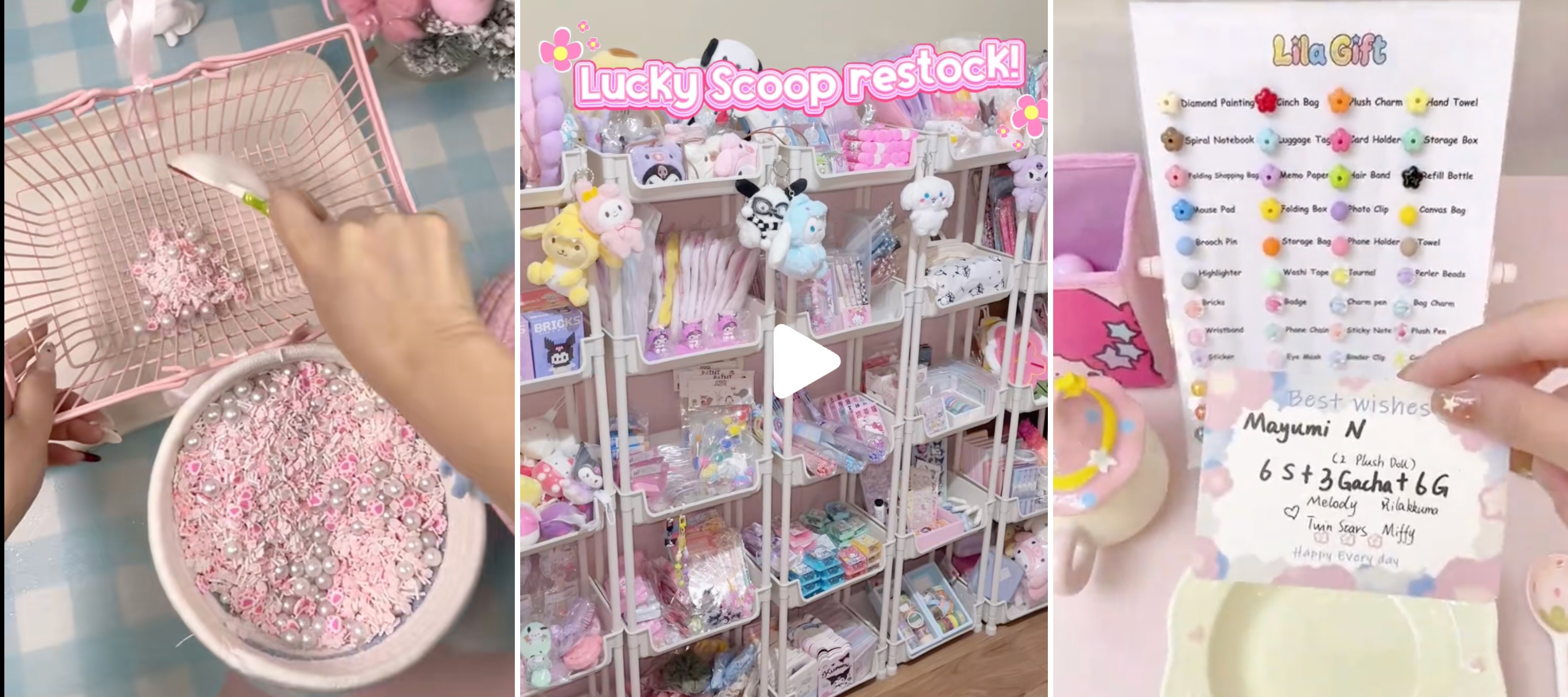 TikTok creators scooping colourful beads and restocking plastic novelty items to appeal to children.