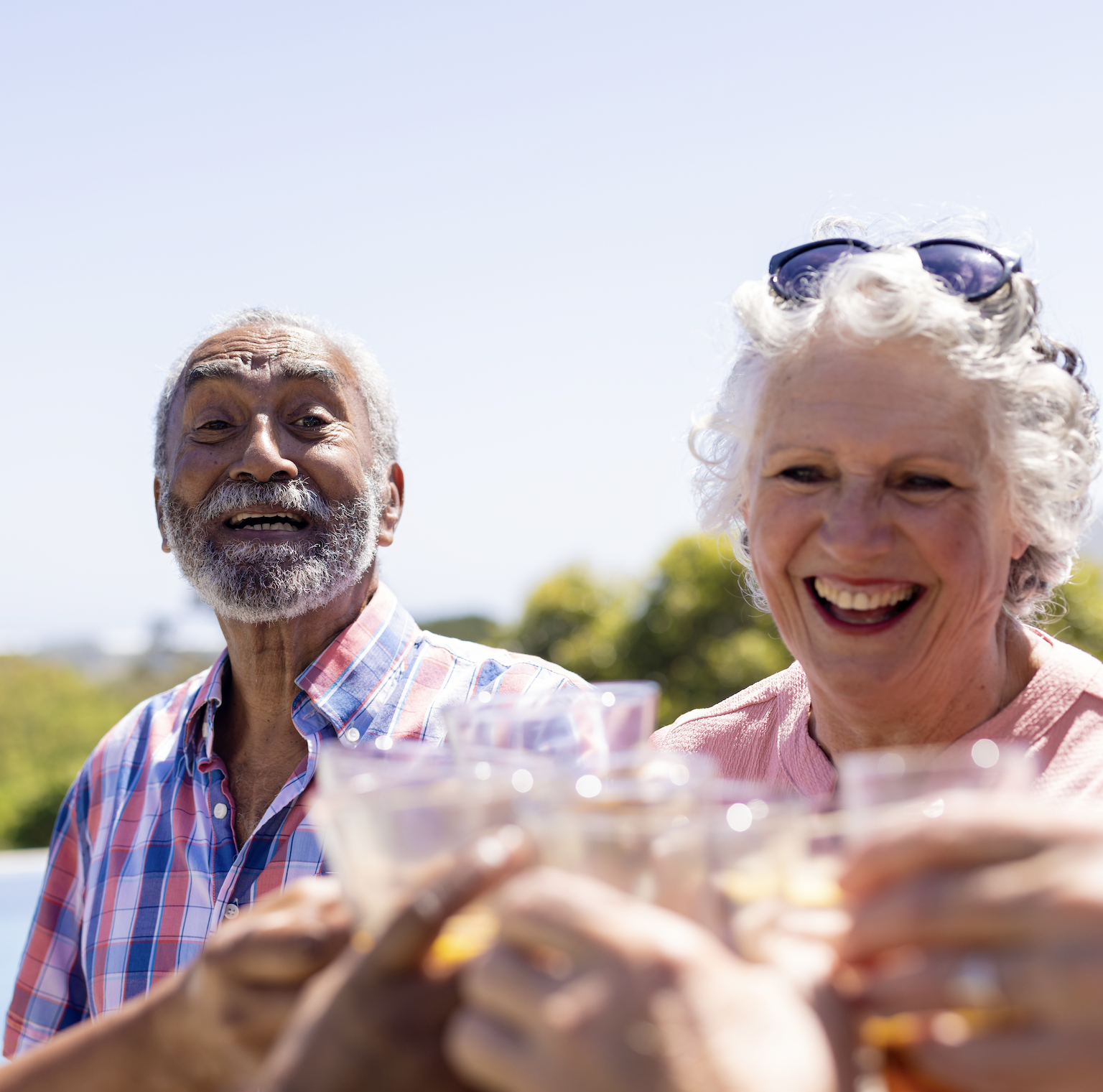 Three senior adults smile and raise glasses in a toast on a bright, sunny day.
