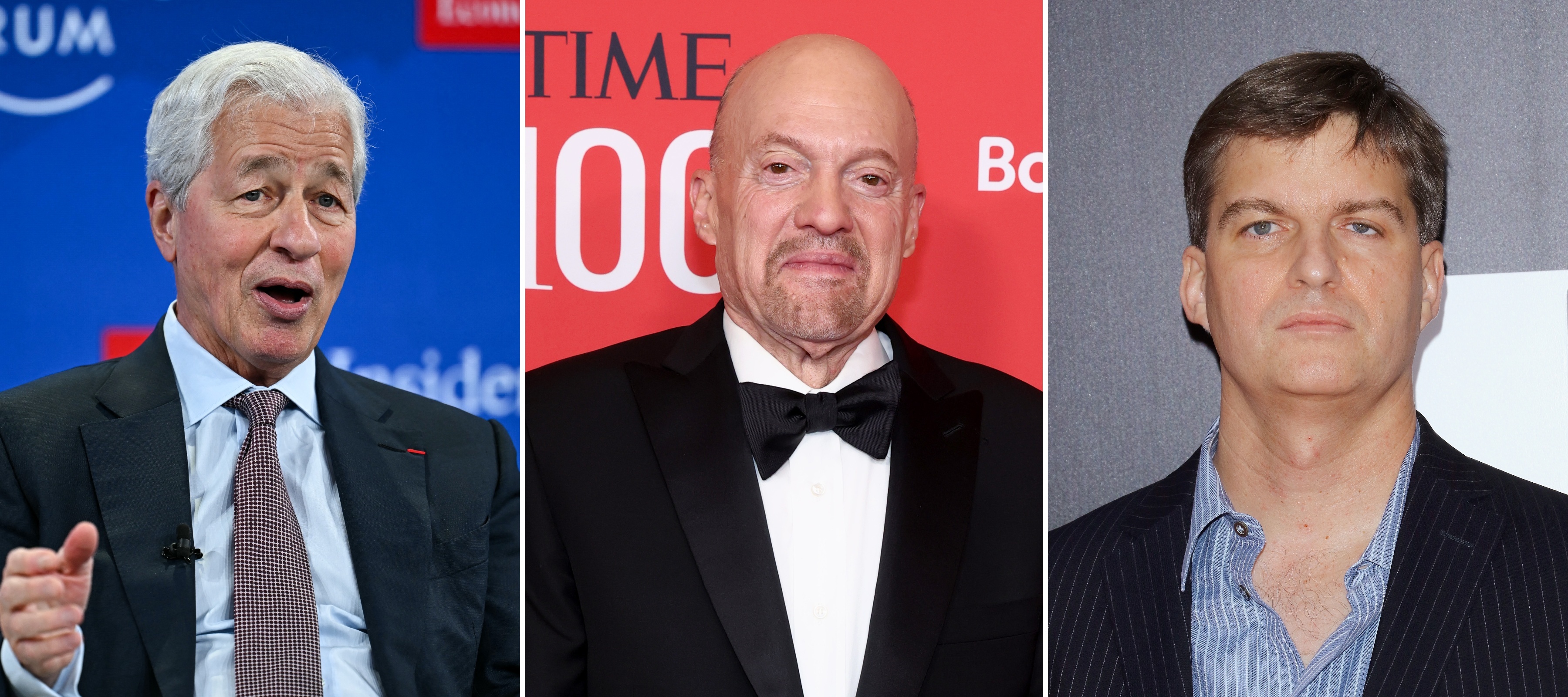 L: Jamie Dimon, C:Jim Cramer, R: Michael Burry