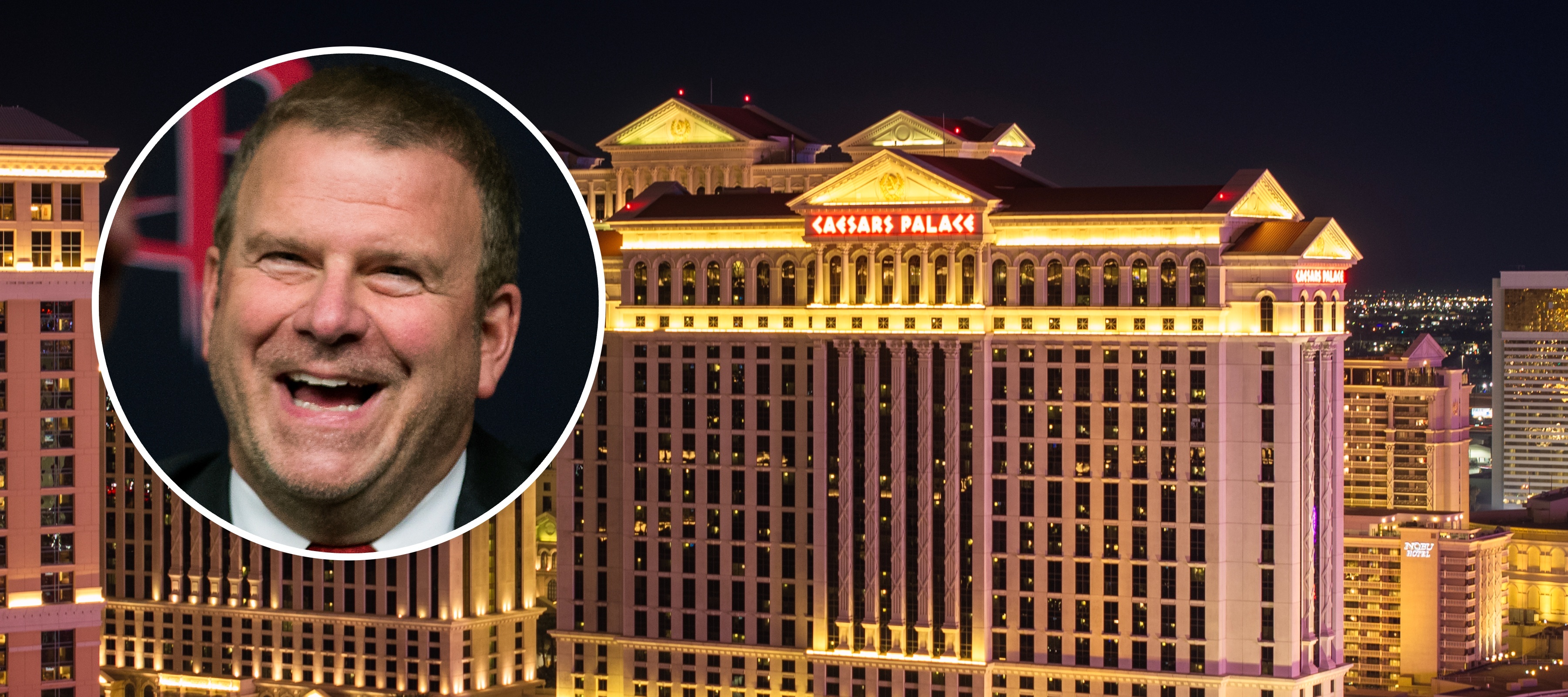 A nighttime shot of Caesars Palace hotel and casino, with a bubble overlay of Tilman Fertitta's face