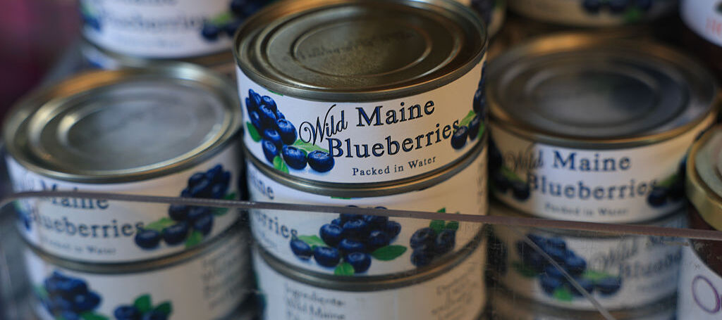 Items for sale containing wild blueberries line the shelves at the Wild Blueberry Heritage Center of Maine on August 10, 2025 in Columbia, Maine