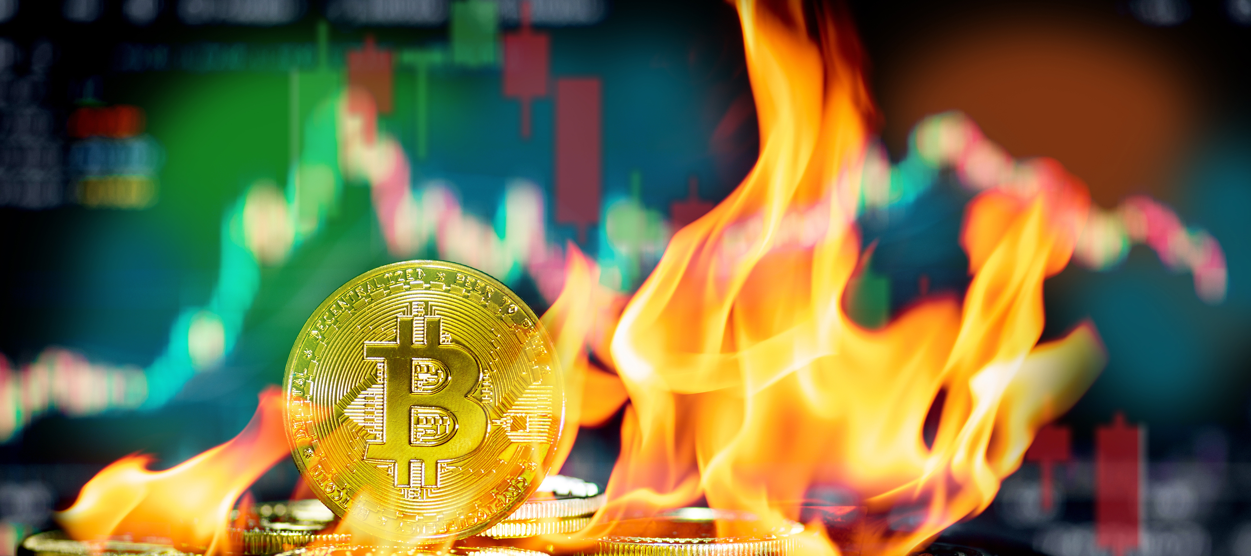 A Bitcoin is on fire.