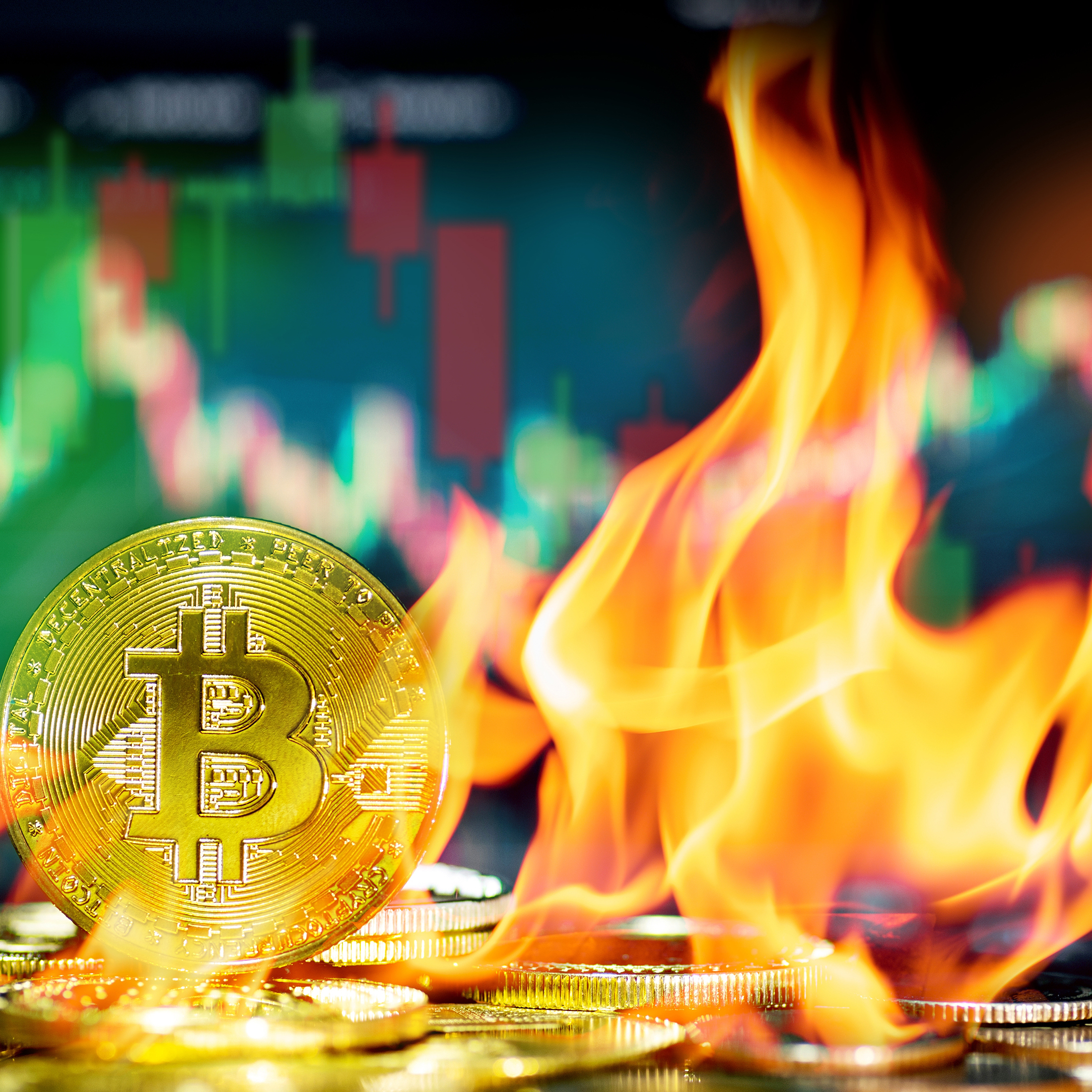 A Bitcoin is on fire.