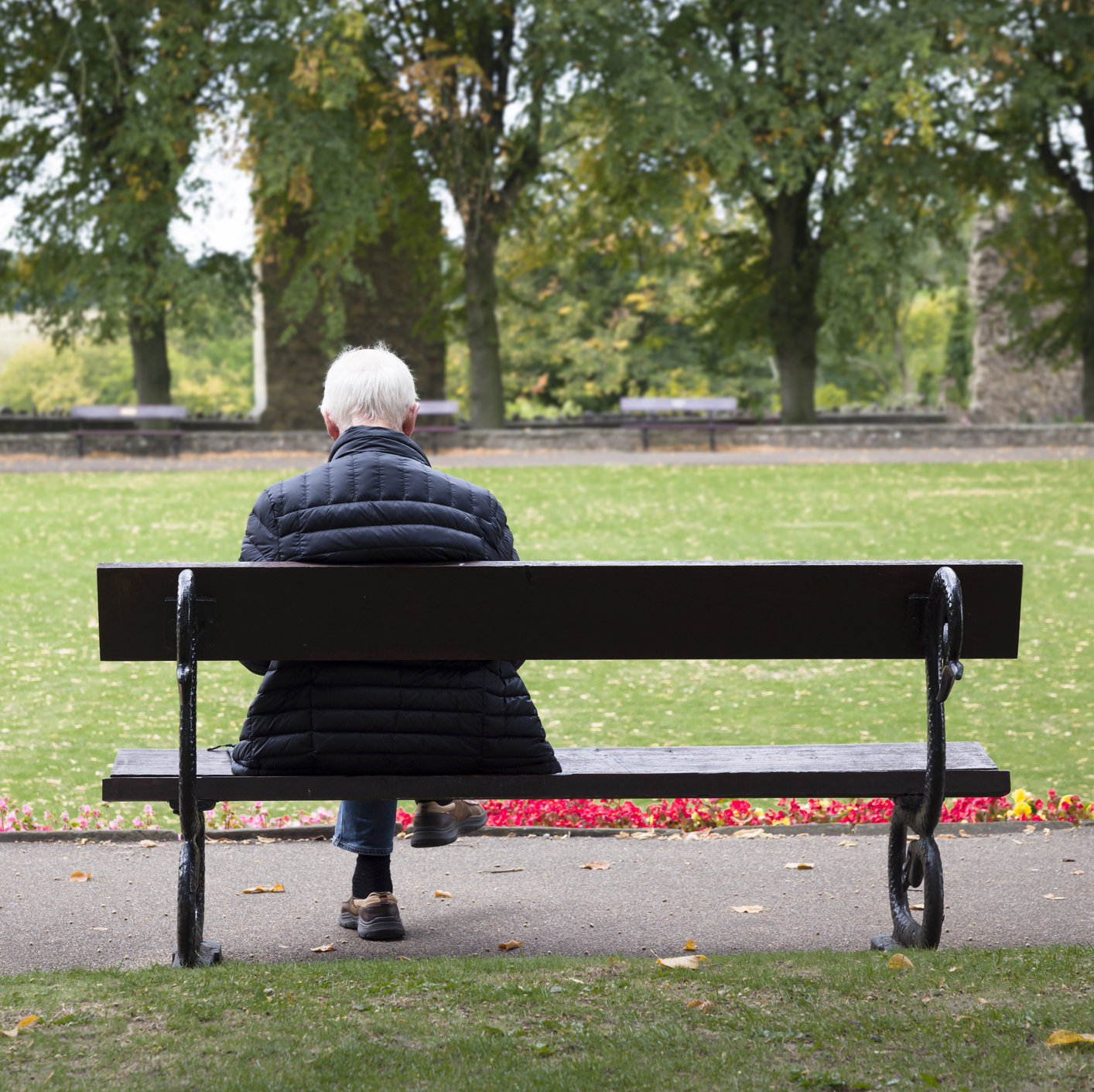 Elderly man sits on a park bench