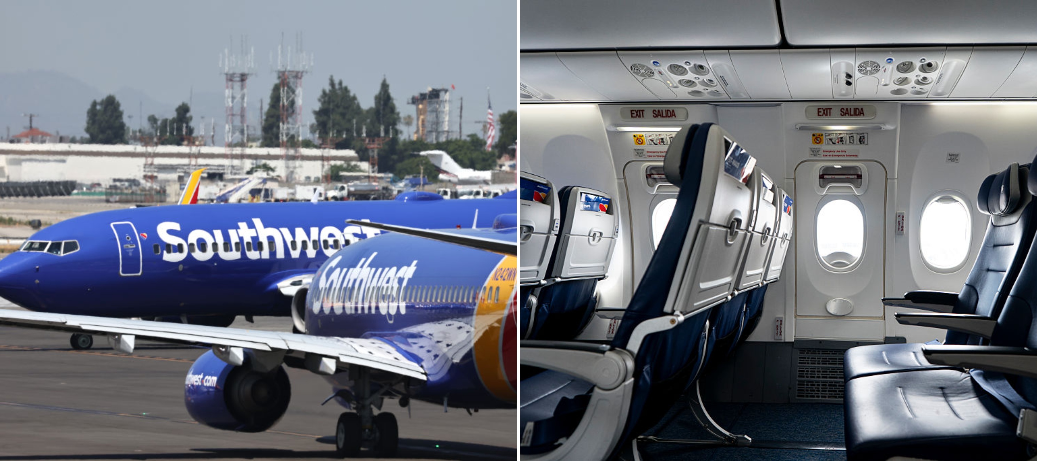 A split-panel image of Southwest Airlines planes and seating