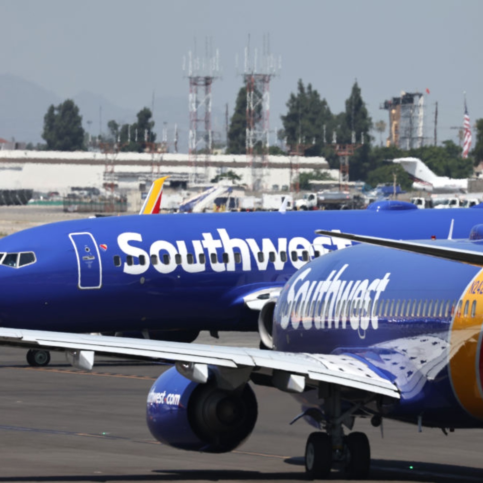 A split-panel image of Southwest Airlines planes and seating