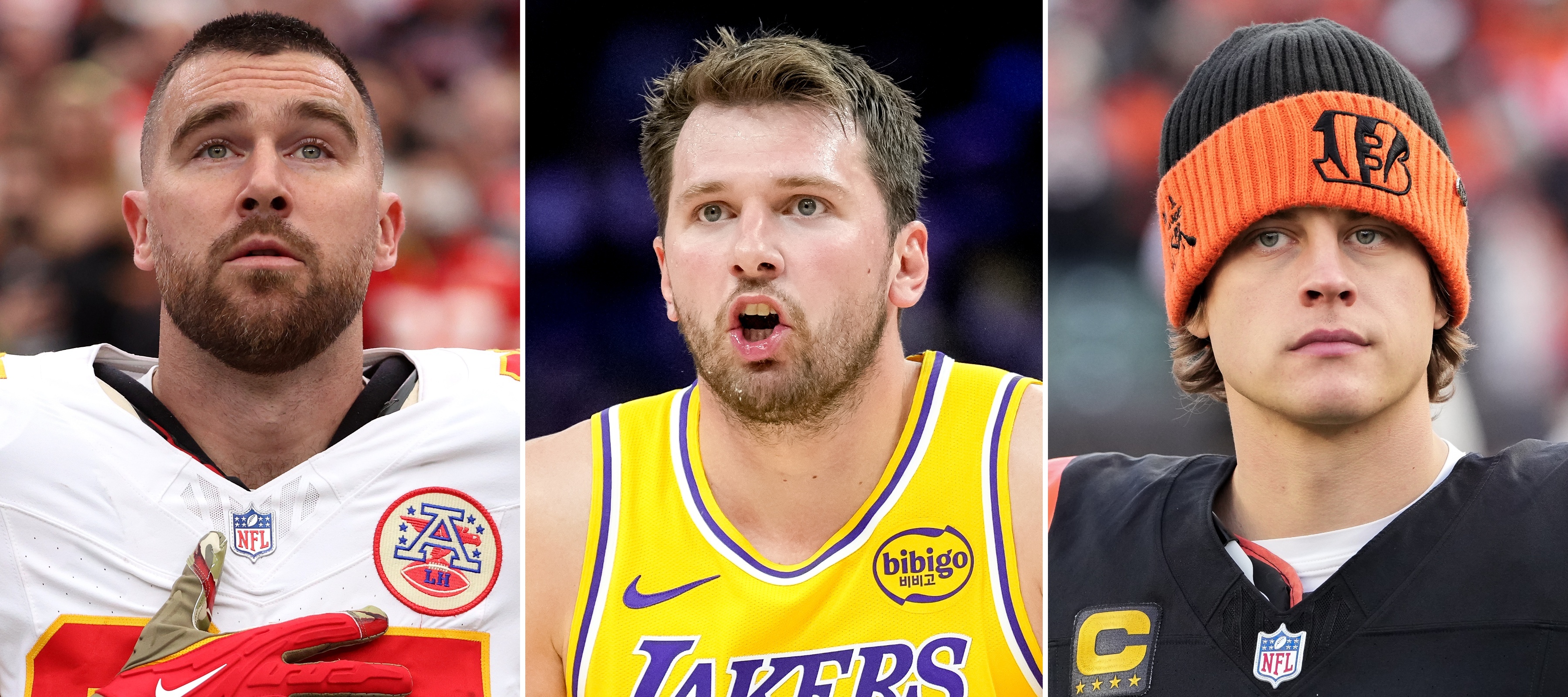 A tri-pane image, from left to right: Travis Kelce, Luka Doncic, and Joe Burrow