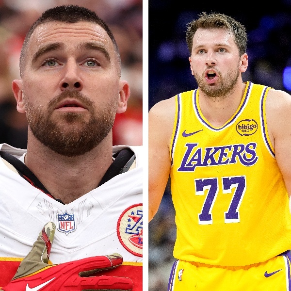 A side-by-side photo of Travis Kelce and Luka Doncic