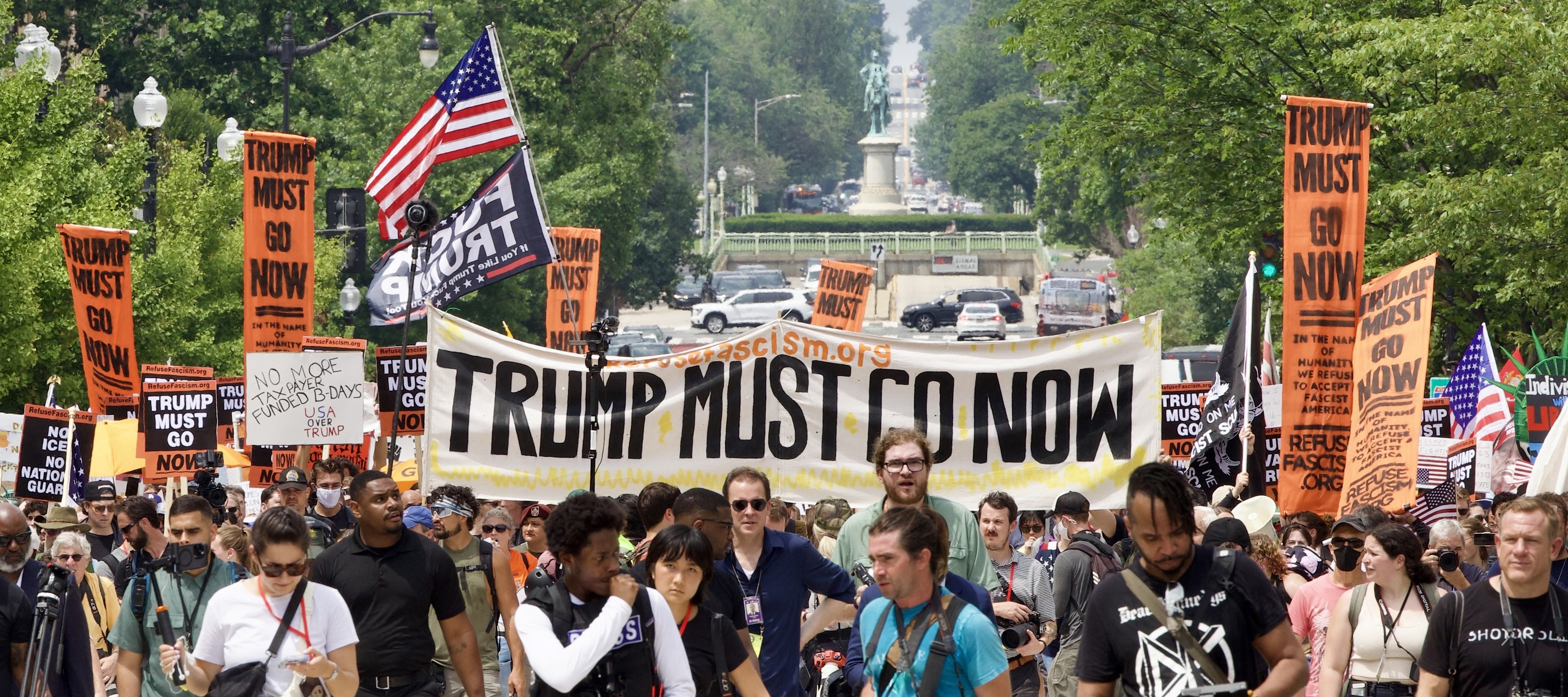 Protesters rally at Lafayette Square during the "No Kings" protest in Washington, DC, on June 14, 2025.