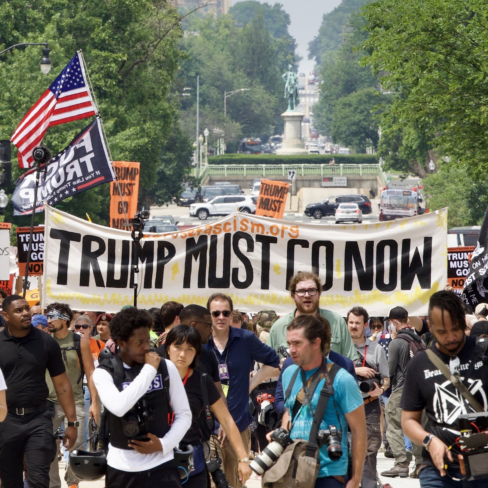 Protesters rally at Lafayette Square during the "No Kings" protest in Washington, DC, on June 14, 2025.