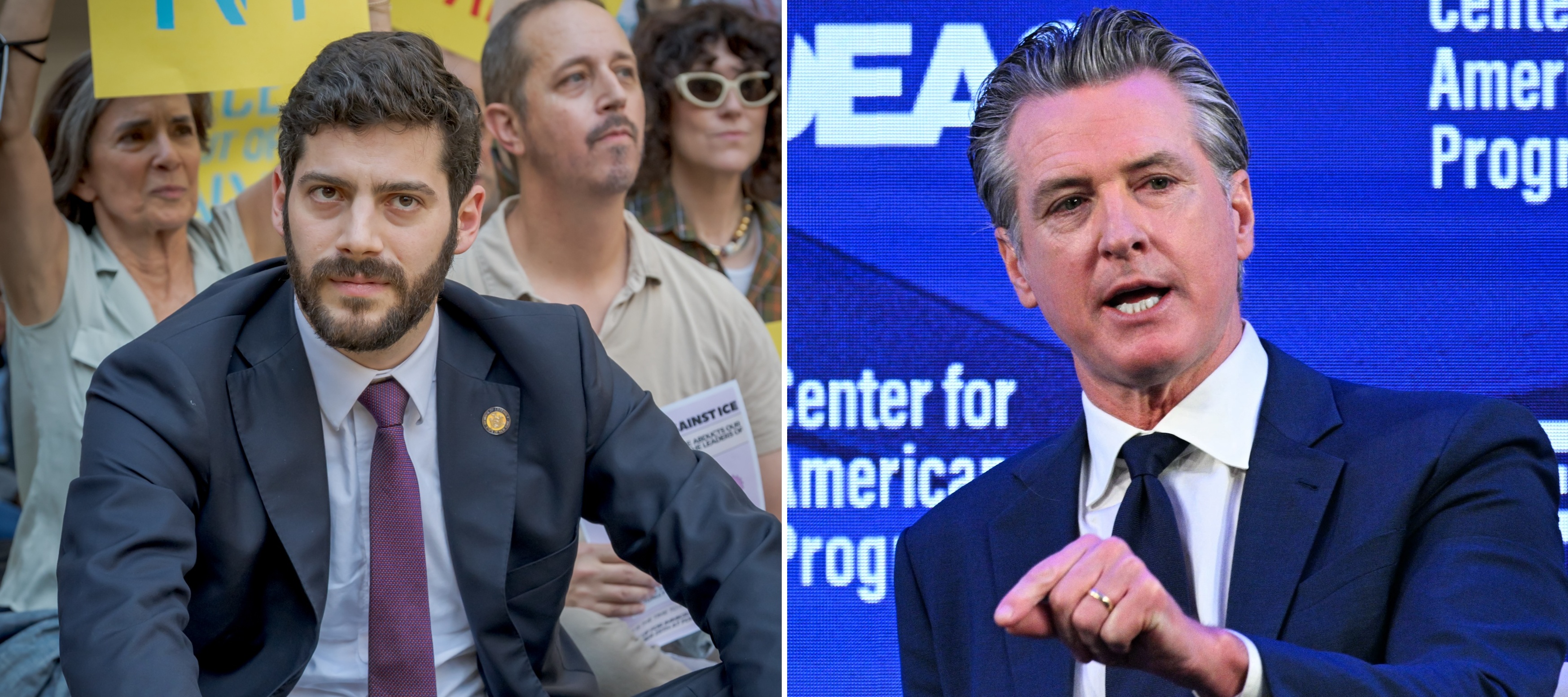 A side by side image of assemblymember Alex Bores seen at a protest alongside an image of California Governor Gavin Newsom speaking onstage at an event.