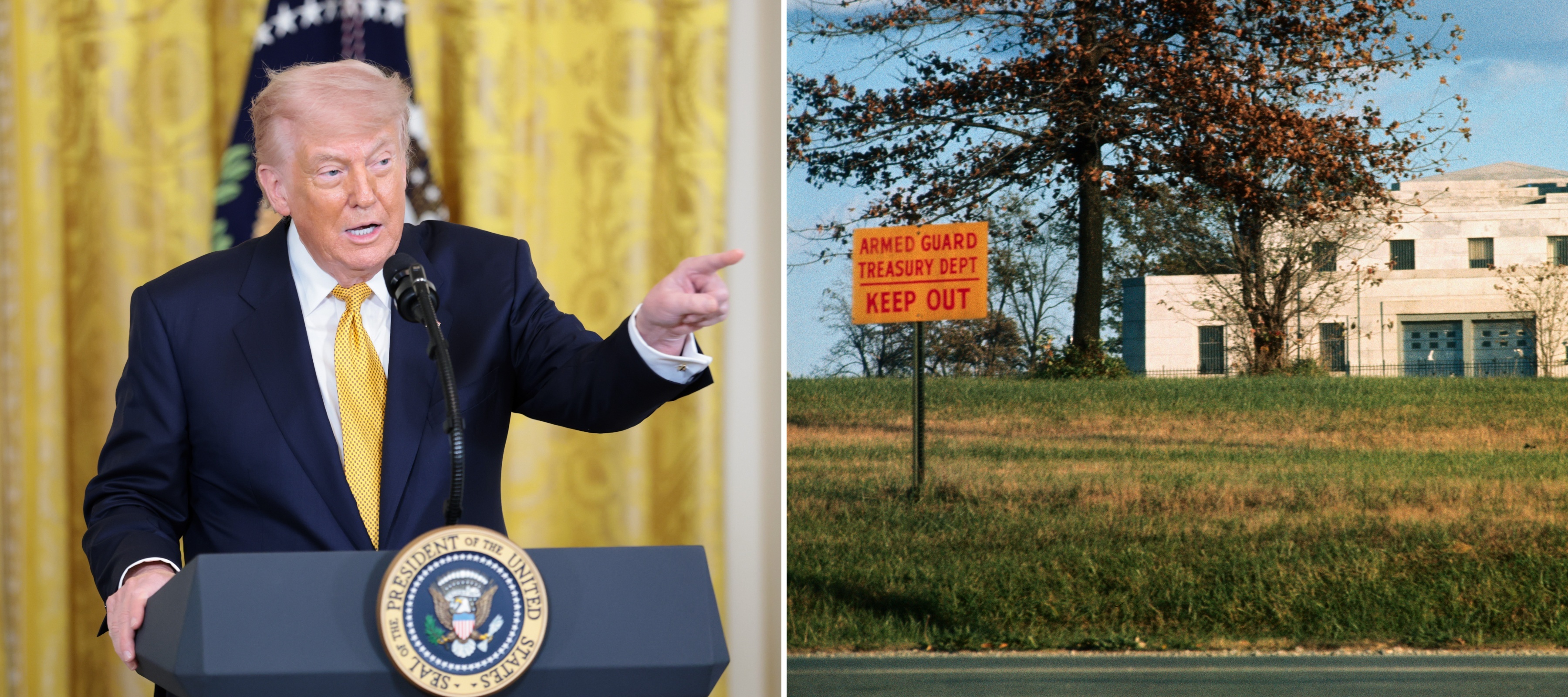 A composite image of Donald Trump pointing and an unrelated 1971 image of the exterior of For Knox with a sign that reads, "Armed guard treasury department keep out."