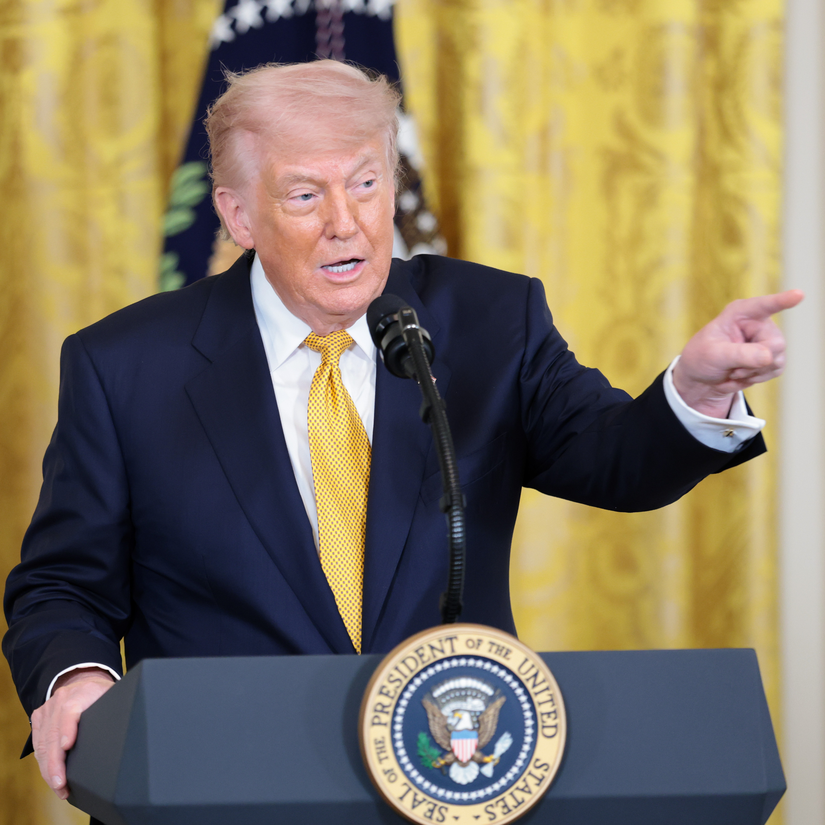 U.S. President Donald Trump speaks during a military mothers celebration in the East Room of the White House on May 6, 2026.