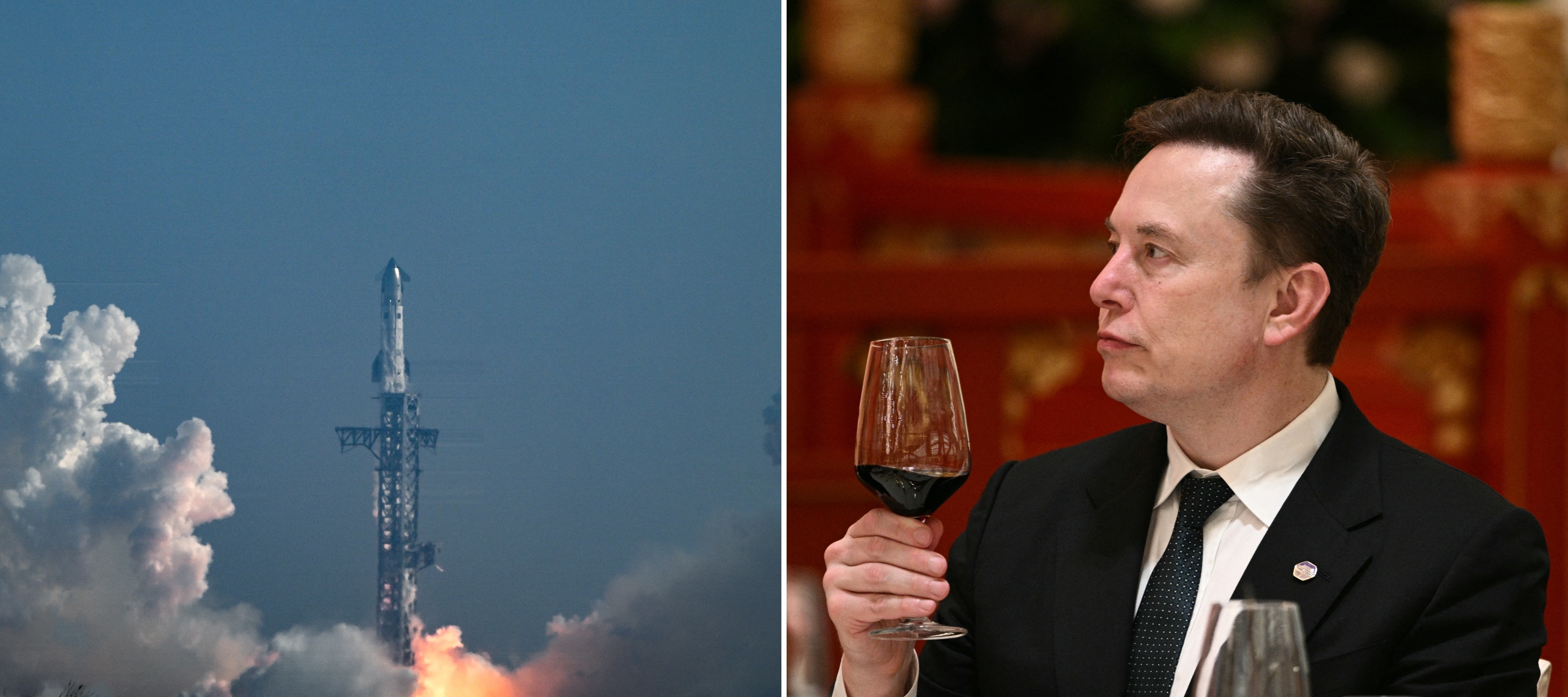 A collage image of a Space X rocket taking flight and Elon Musk holding up a glass of red wine as if toasting a success.