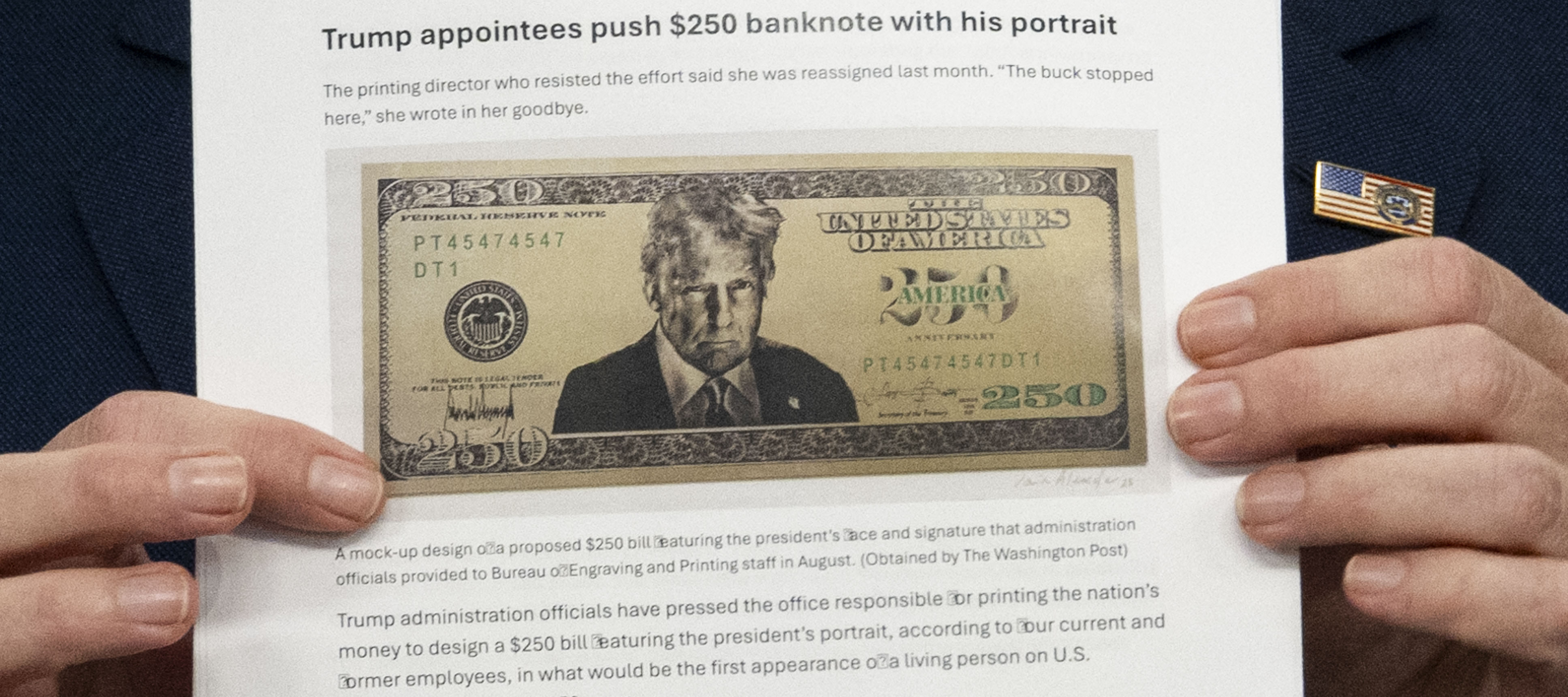 US Secretary of Treasury Scott Bessent shows a proposed $250 bill featuring President Donald Trump.