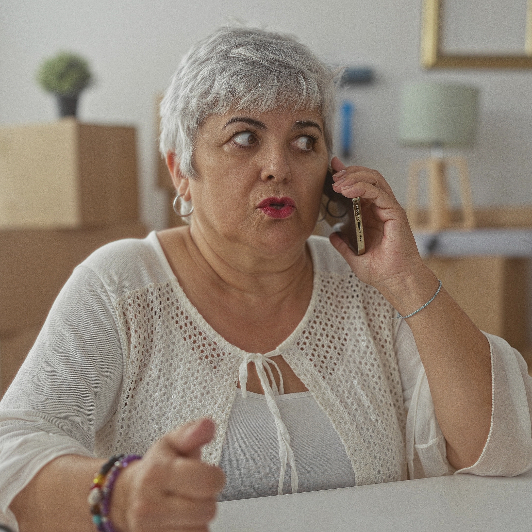 Woman holding phone to ear and gesturing with hand.