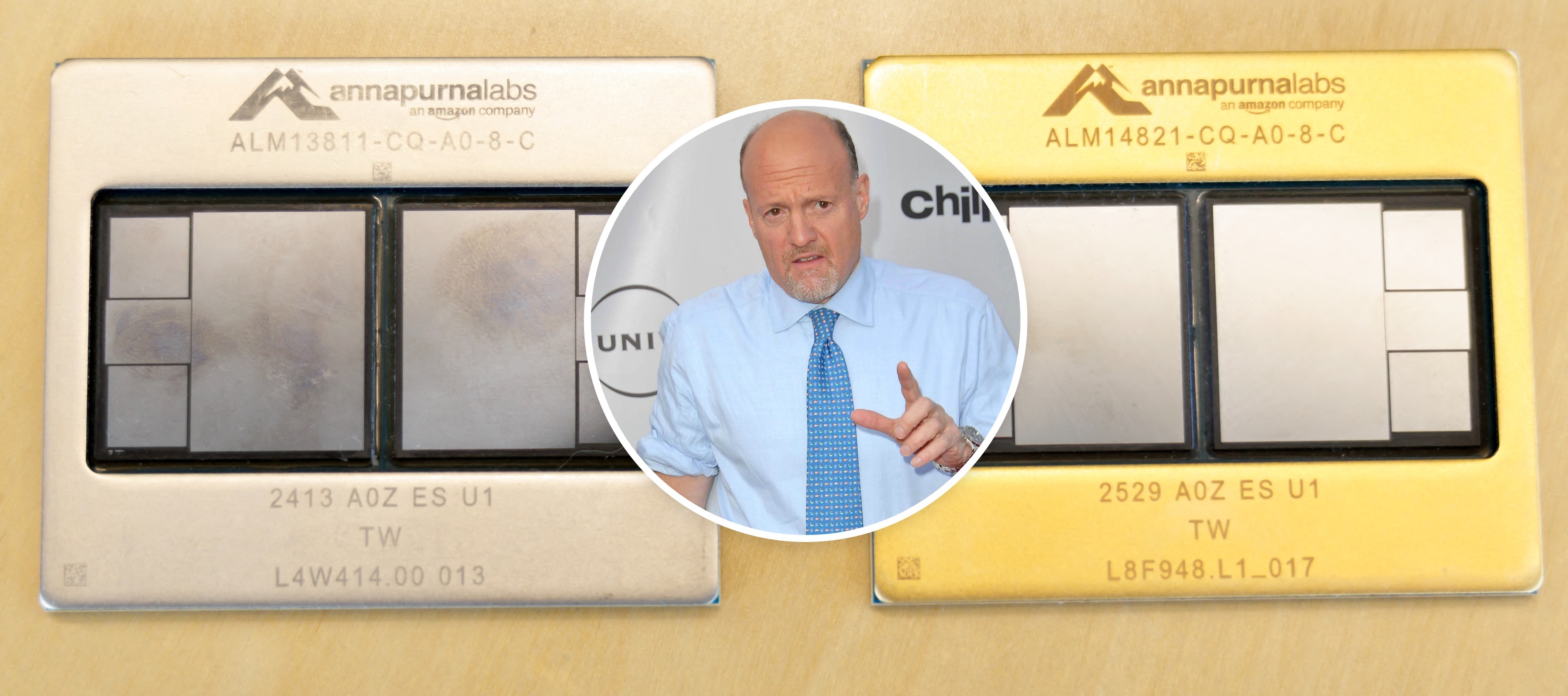 Background: Amazon Trainium chips, Center: Jim Cramer