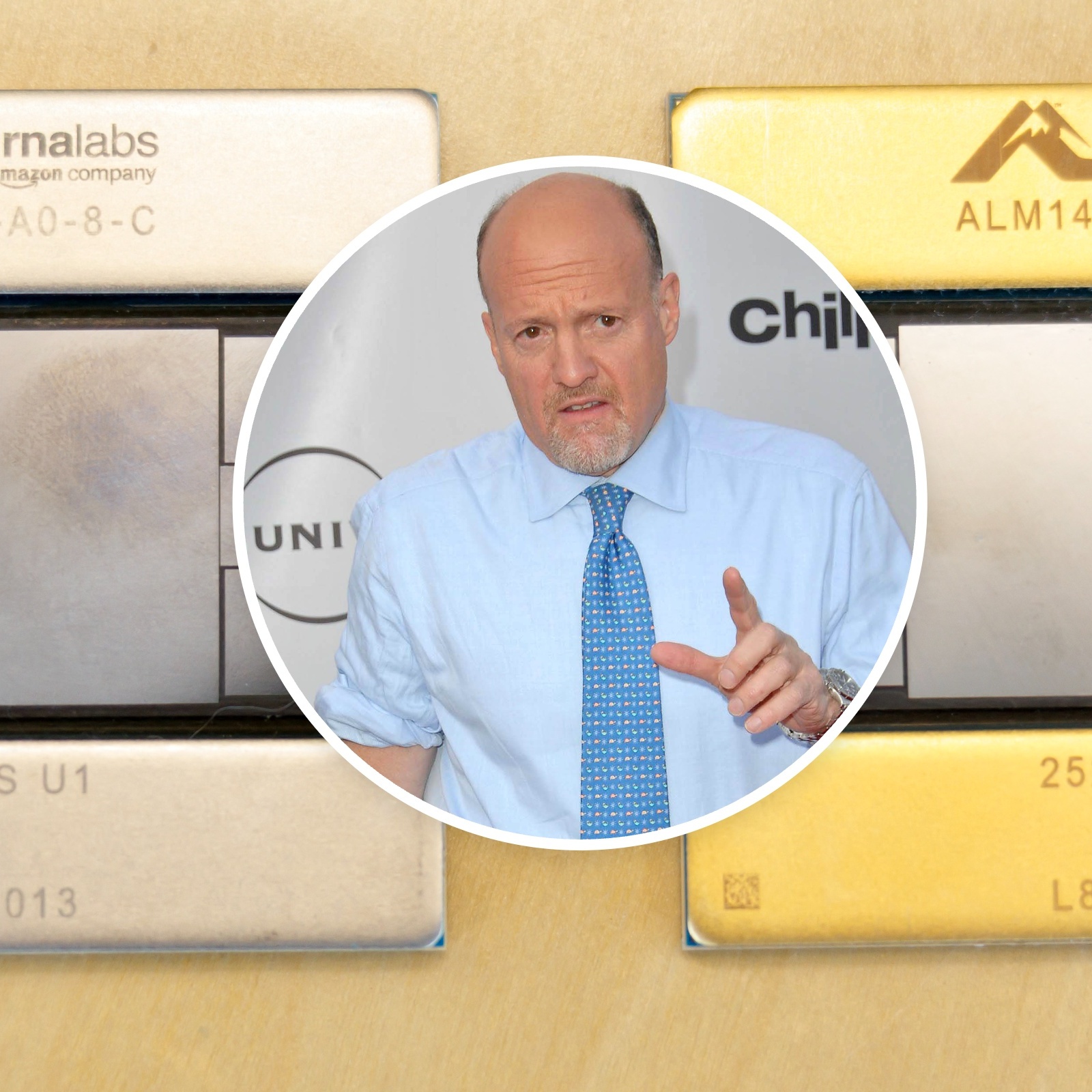 Background: Amazon Trainium chips, Center: Jim Cramer