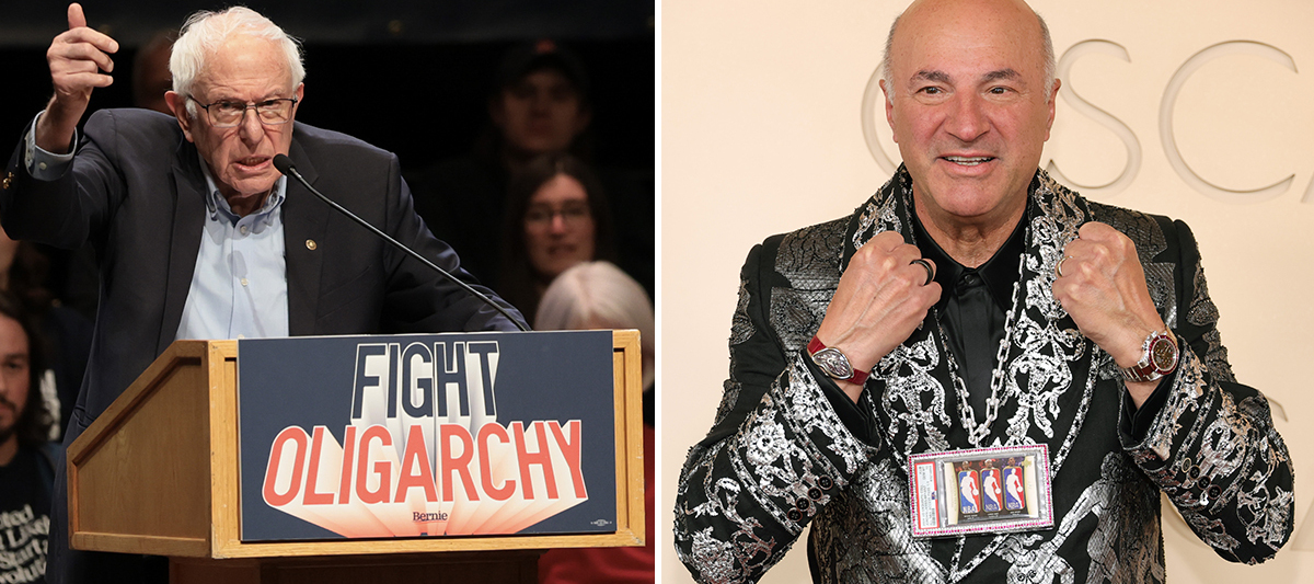 A two-column collage of Sen. Bernie Sanders on the left and "Shark Tank" investor Kevin O'Leary.