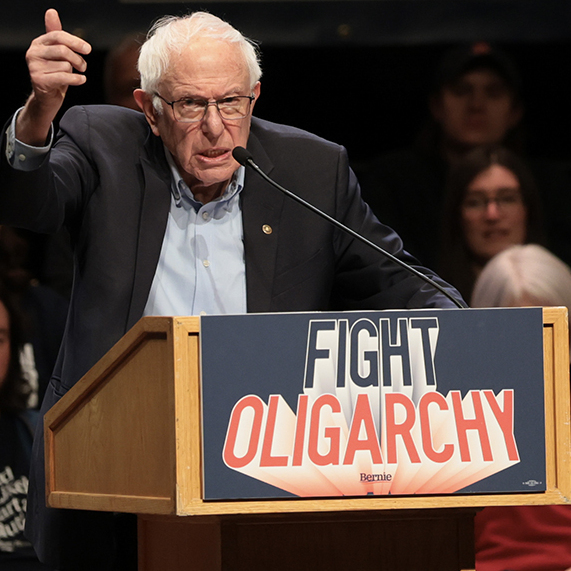 A two-column collage of Sen. Bernie Sanders on the left and "Shark Tank" investor Kevin O'Leary.